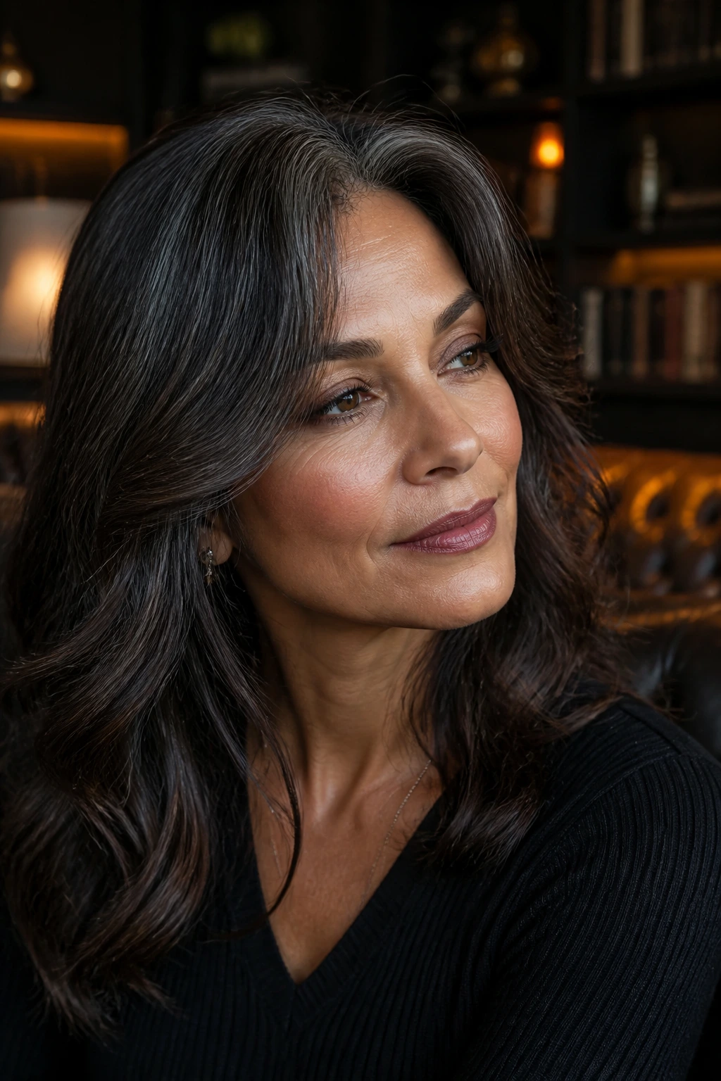 Close-up of a real person with dark espresso hair and a gray veil