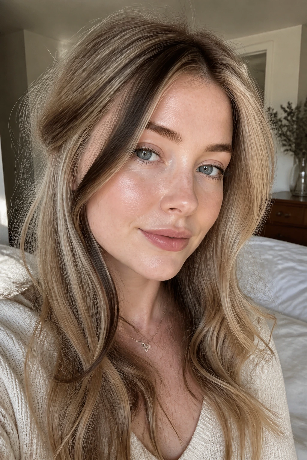 Close-up of a fair-skinned woman with a subtle dark front frame framing her face.