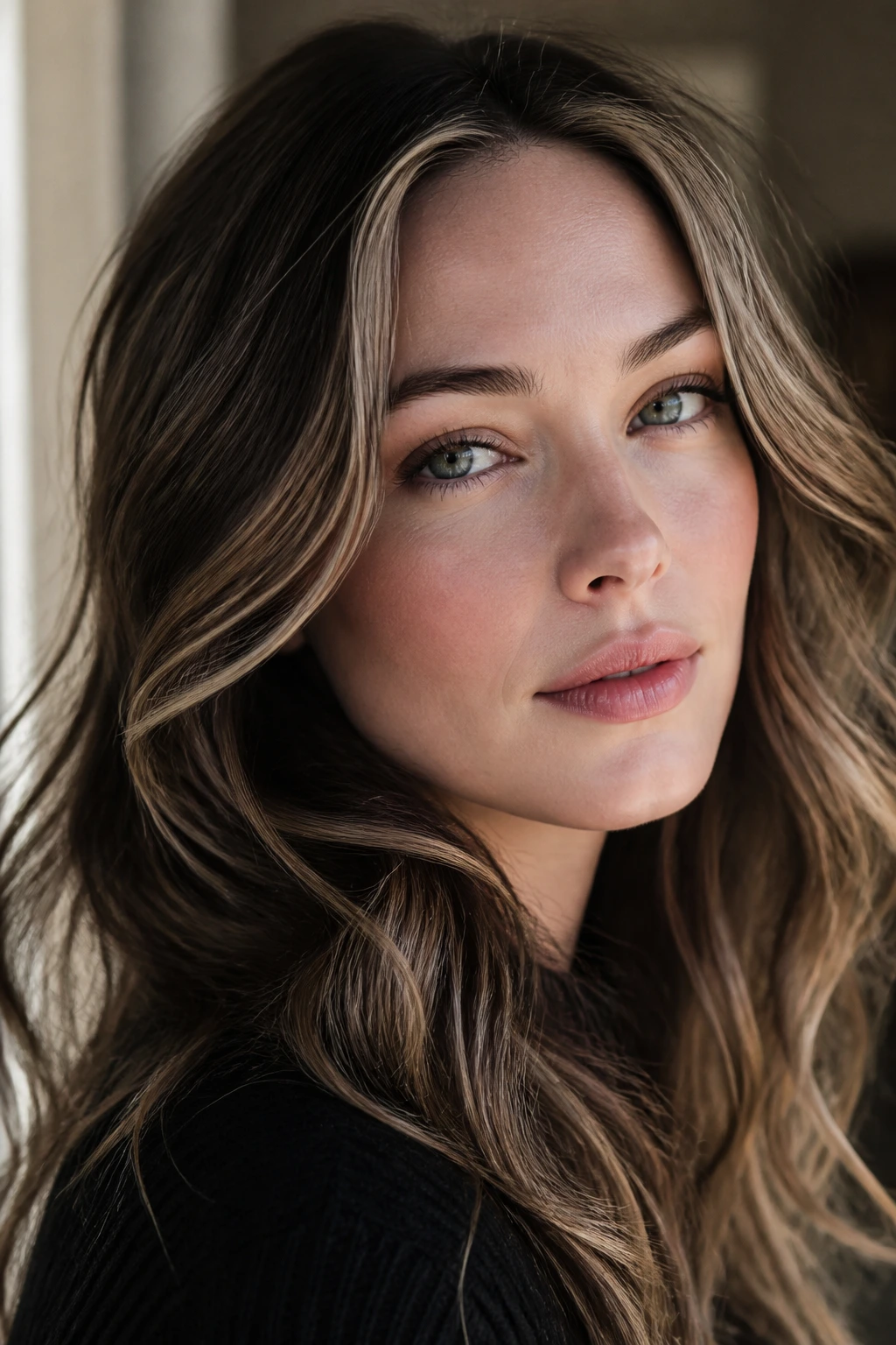 Portrait illustrating the contrast of dark framing highlights on fair skin