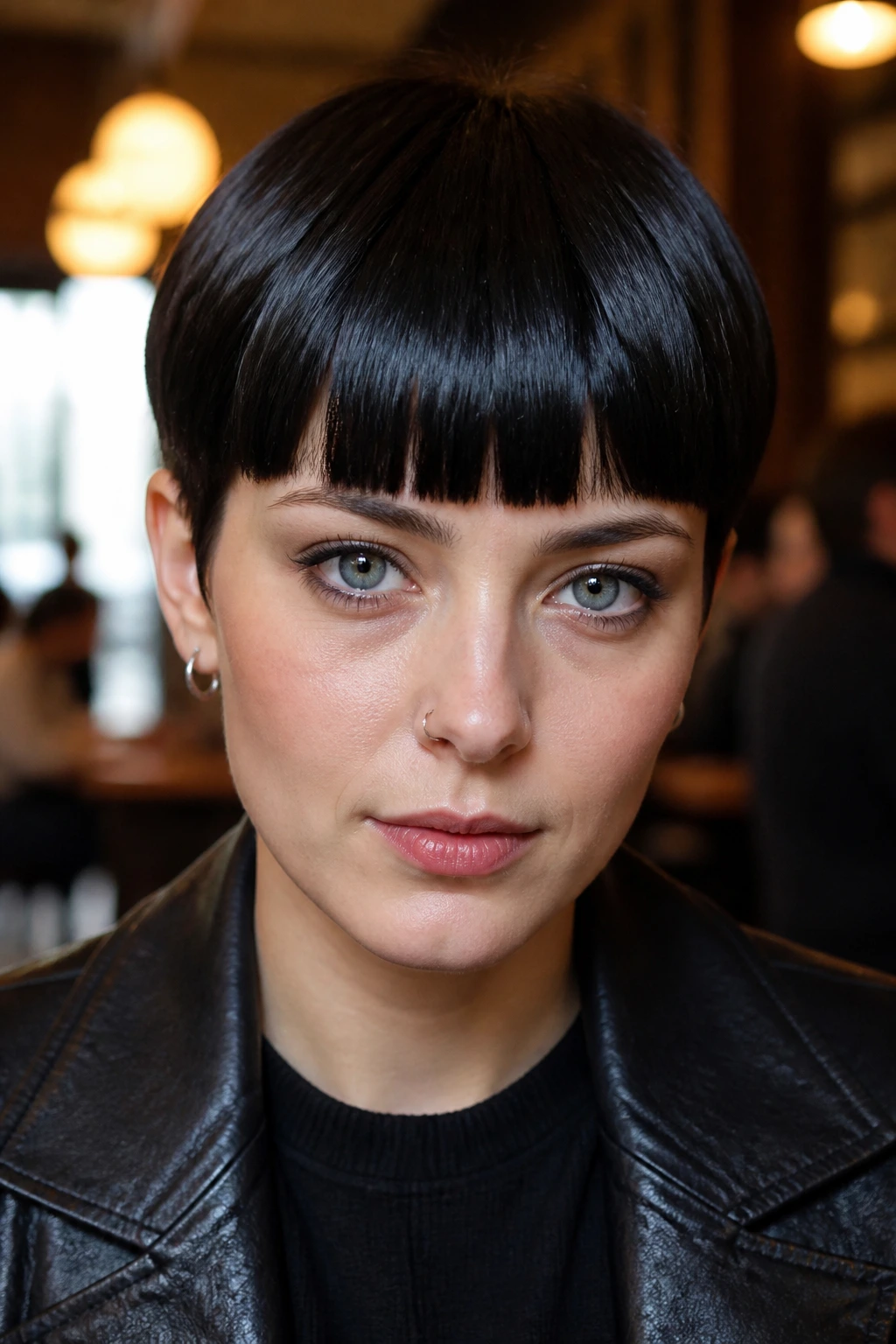 Portrait of a person with a dark glossy crop and blunt fringe