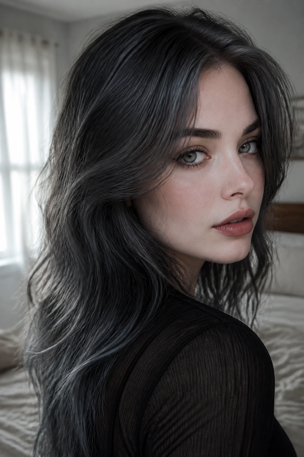 Close-up portrait of pale skin with dark grey smoky hair