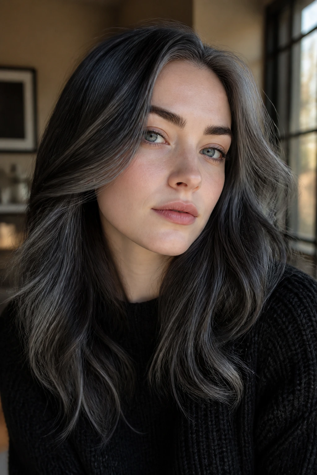 Close-up portrait of pale-skinned person with dark grey hair showing tonal balance.