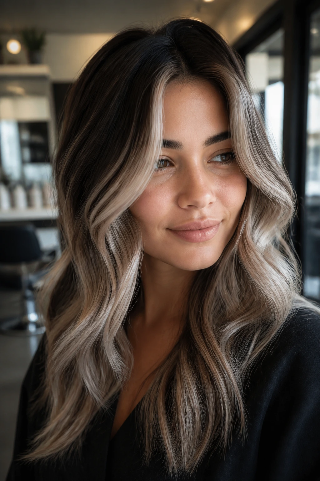 Close-up portrait of a person with dark hair featuring a shadow root and cool ash-blonde highlights.