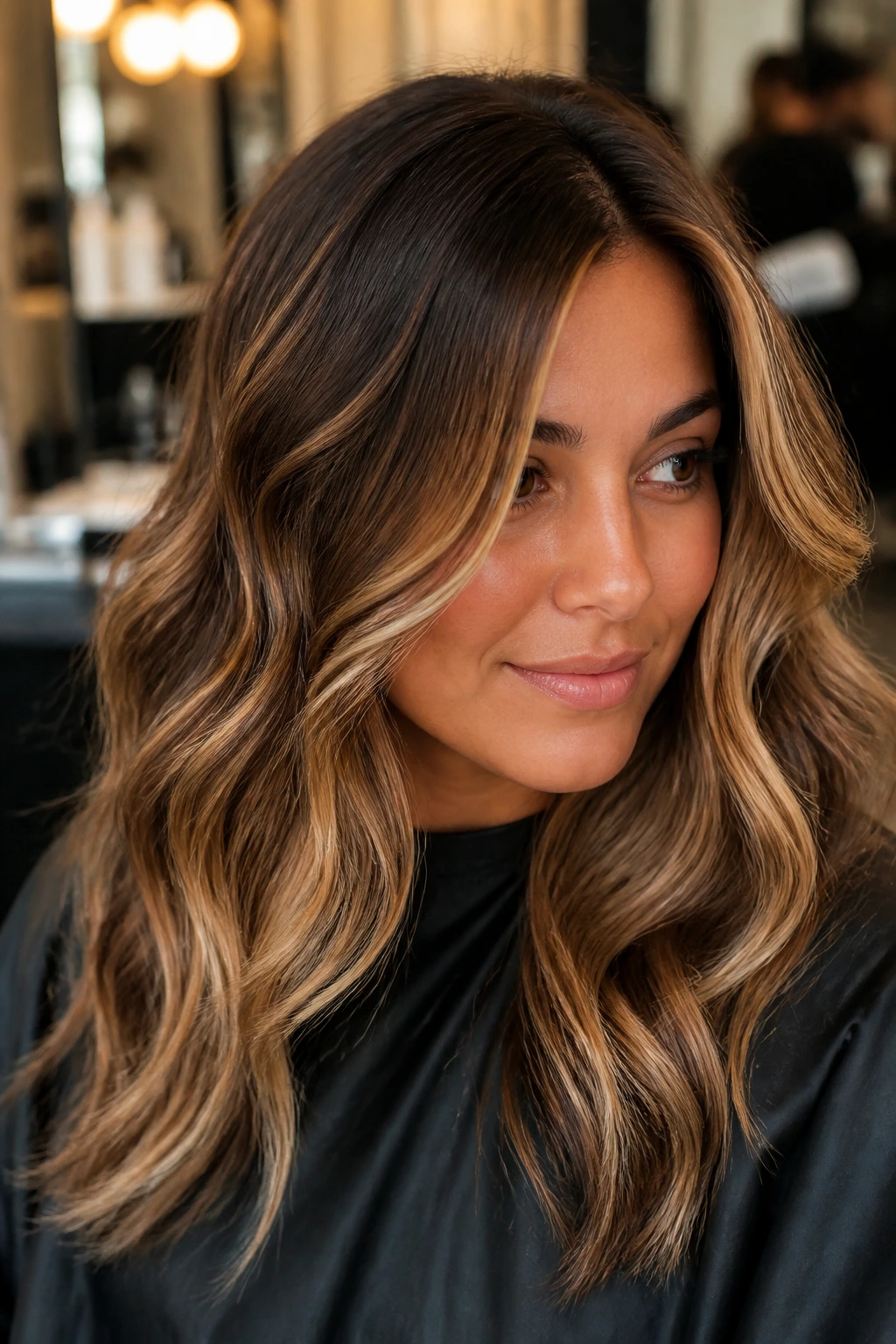 Close-up of dark-to-blonde hair with dimensional lift in a salon