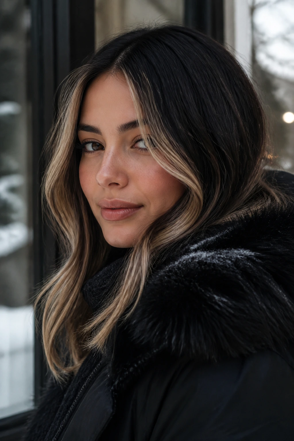 Close-up portrait of a person with dark hair and subtle blonde pieces in winter light