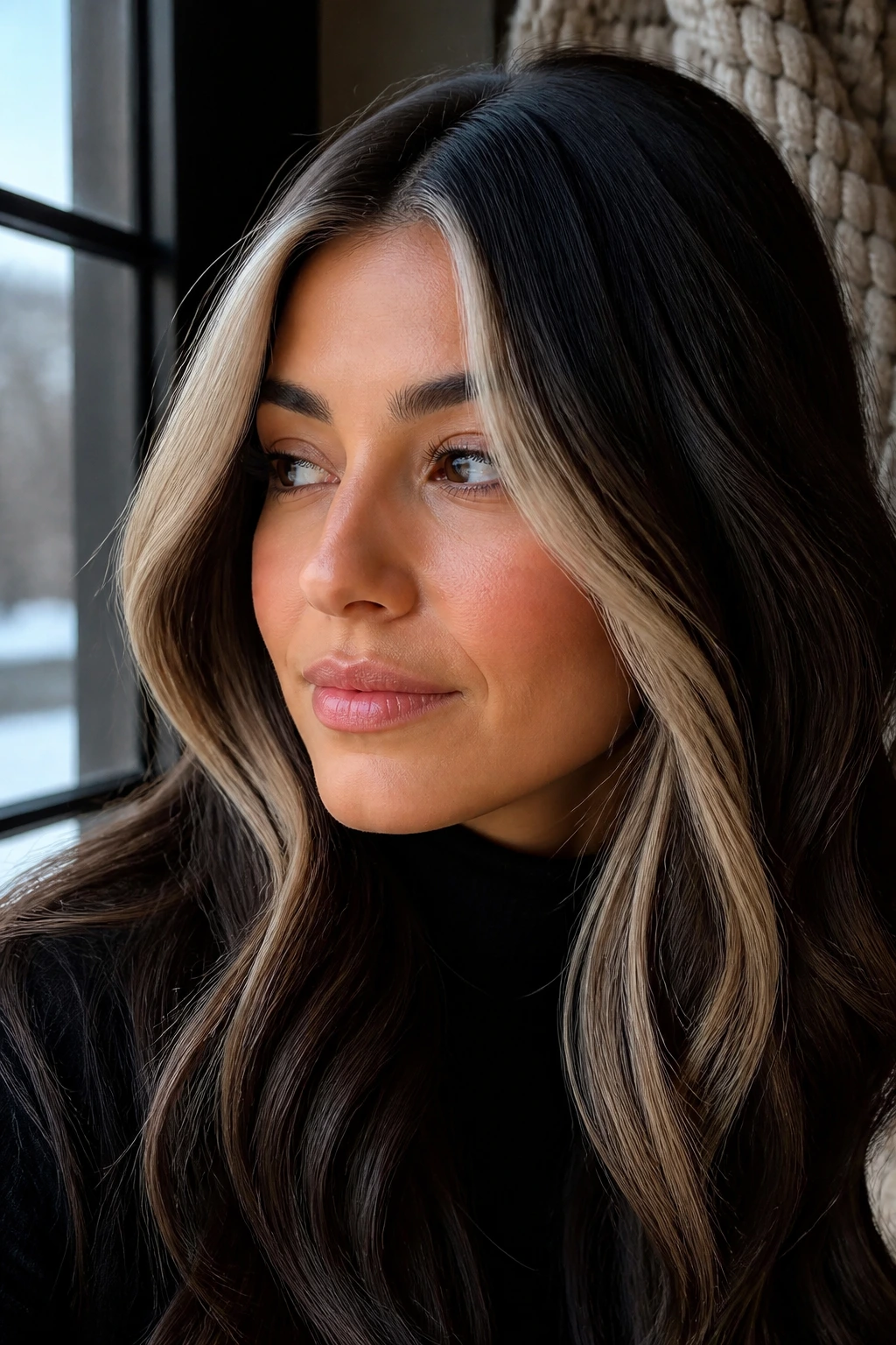 Close-up of dark hair with strategically placed blonde pieces in winter light