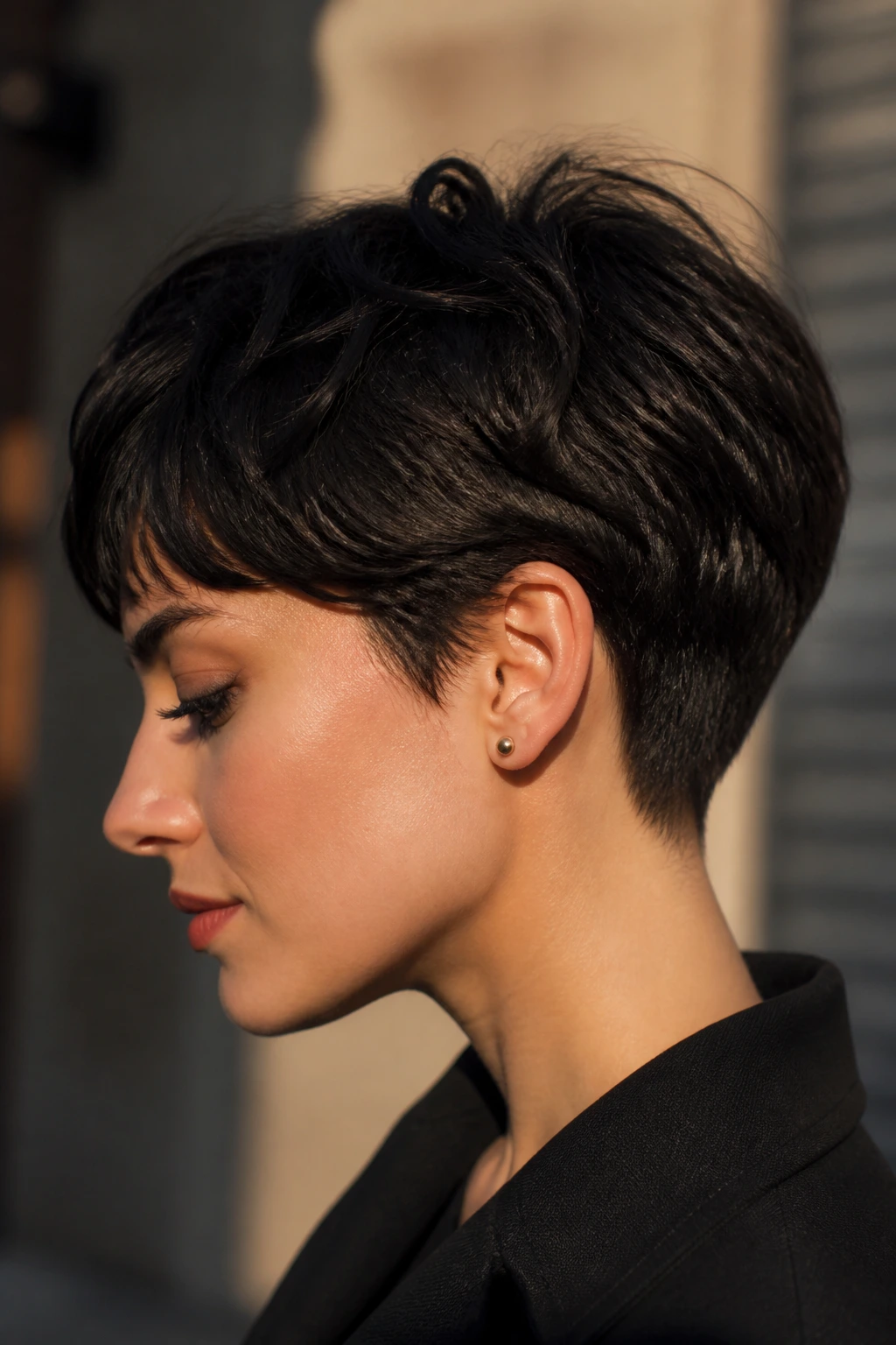 Close-up portrait of a person with dark hair and a clean short silhouette