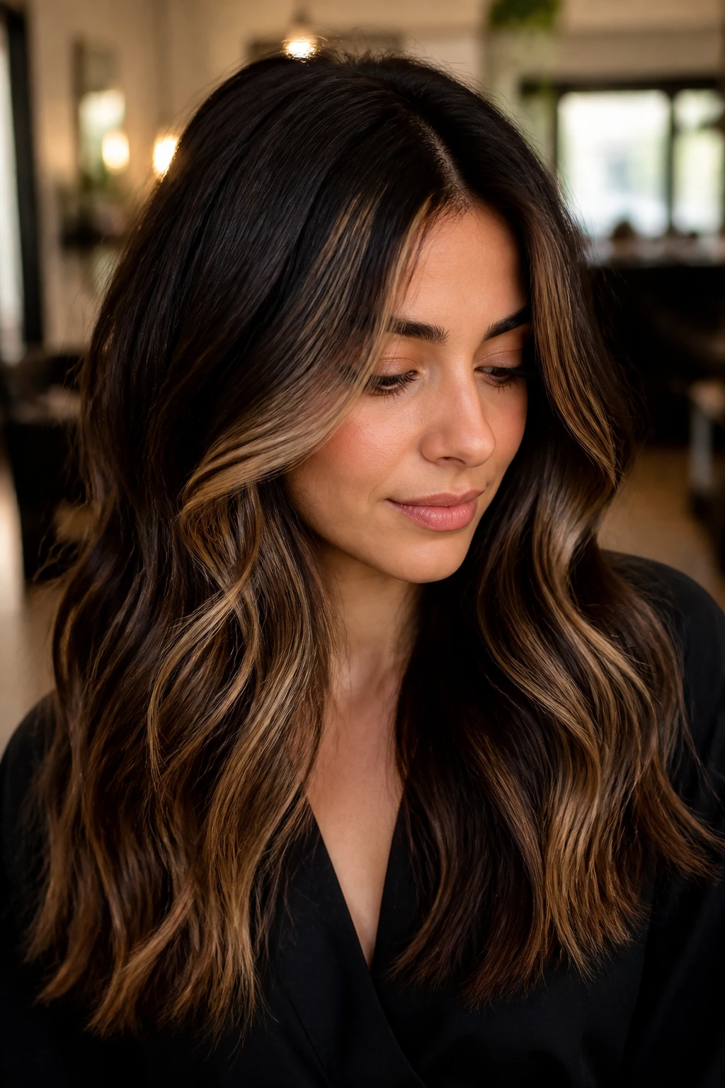Dark-haired woman with caramel and beige face-framing highlights in a warm salon