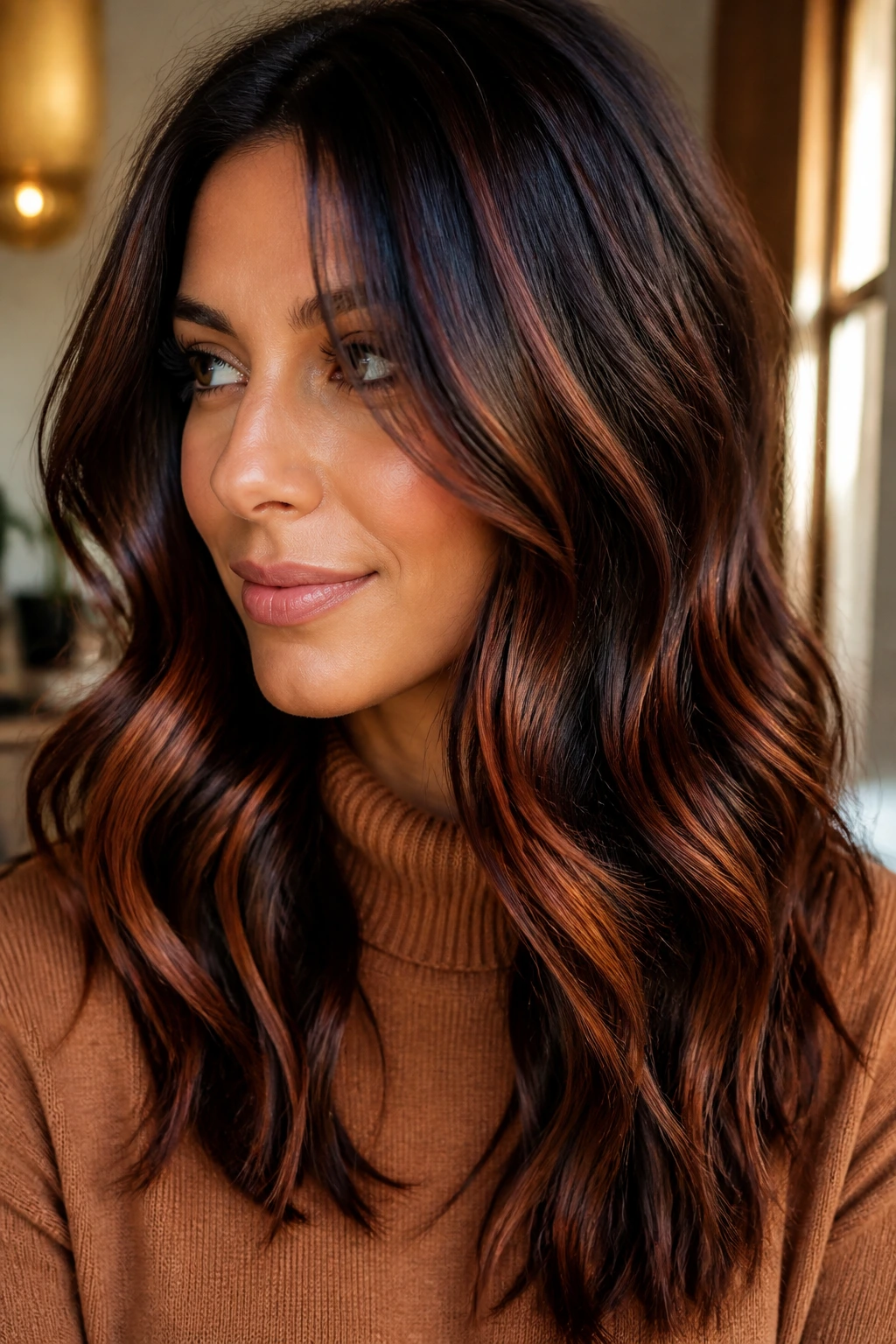 Close-up of dark hair with caramel, auburn, mahogany highlights reading on brunette base