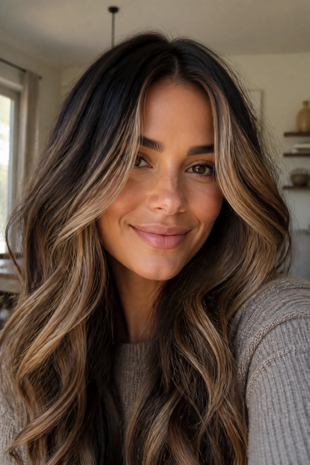 Close-up of dark brown hair with blonde highlights around the face, showing contrast and soft grow-out