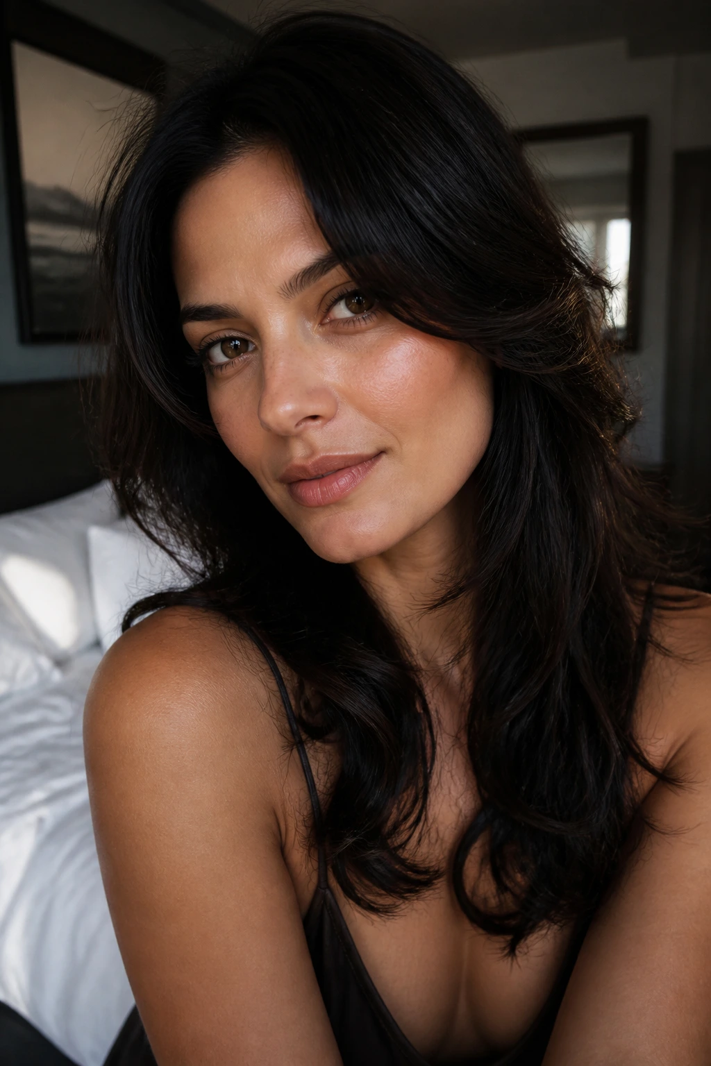 Close-up portrait of a woman with dark hair styled to suggest versatile looks