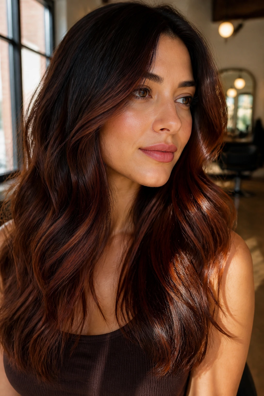 Brunette with warm brown and red highlights under natural light