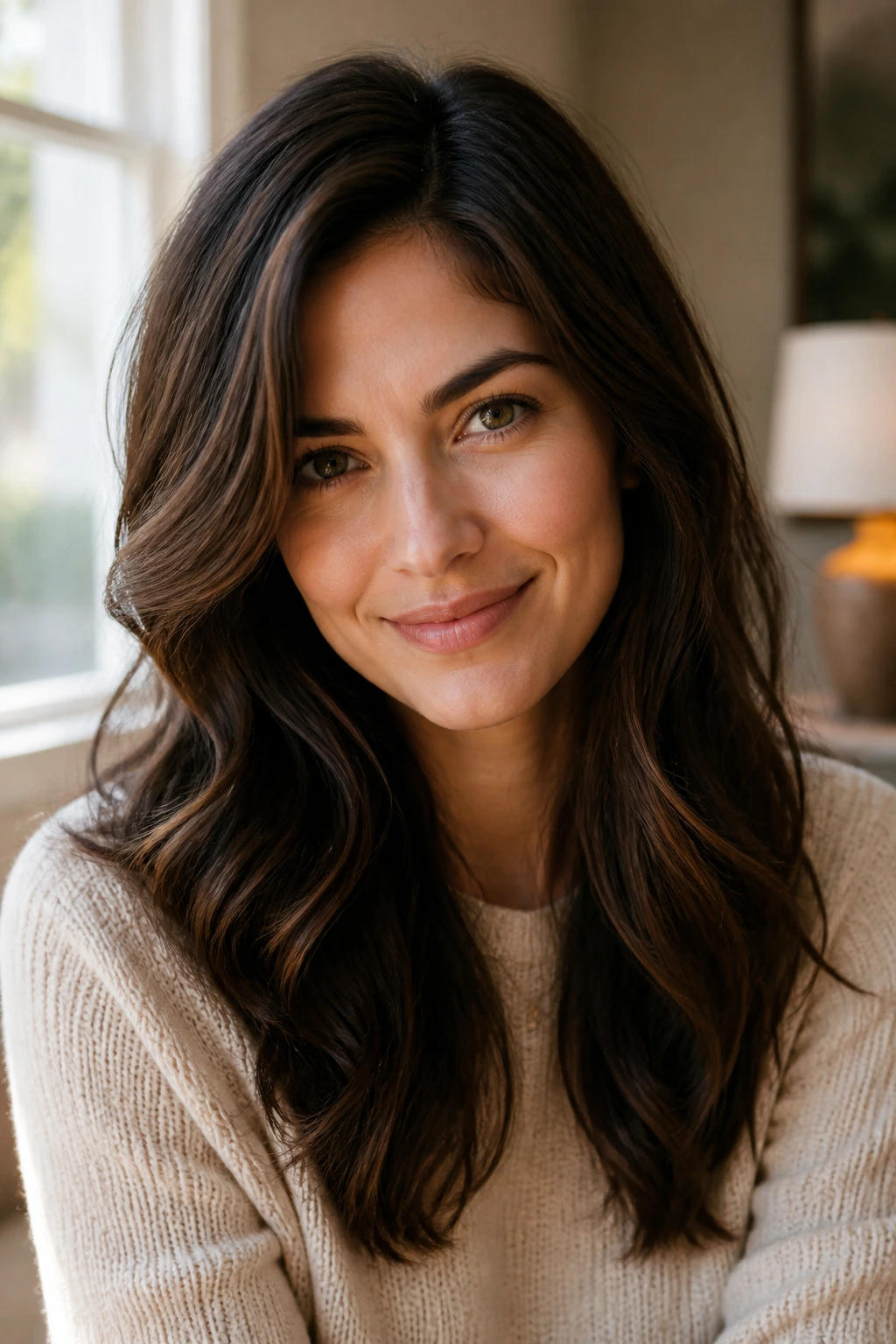 Portrait of a real woman with dark brown hair styled in soft waves