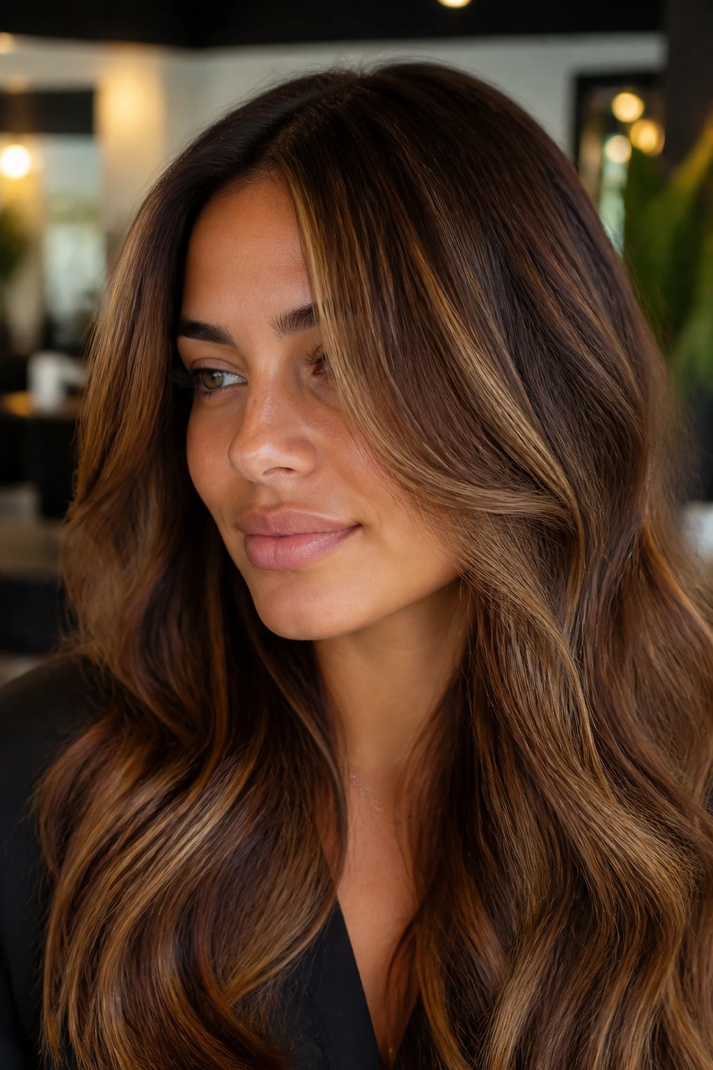 Close-up portrait of a woman with dark honey glaze hair and warm skin tone