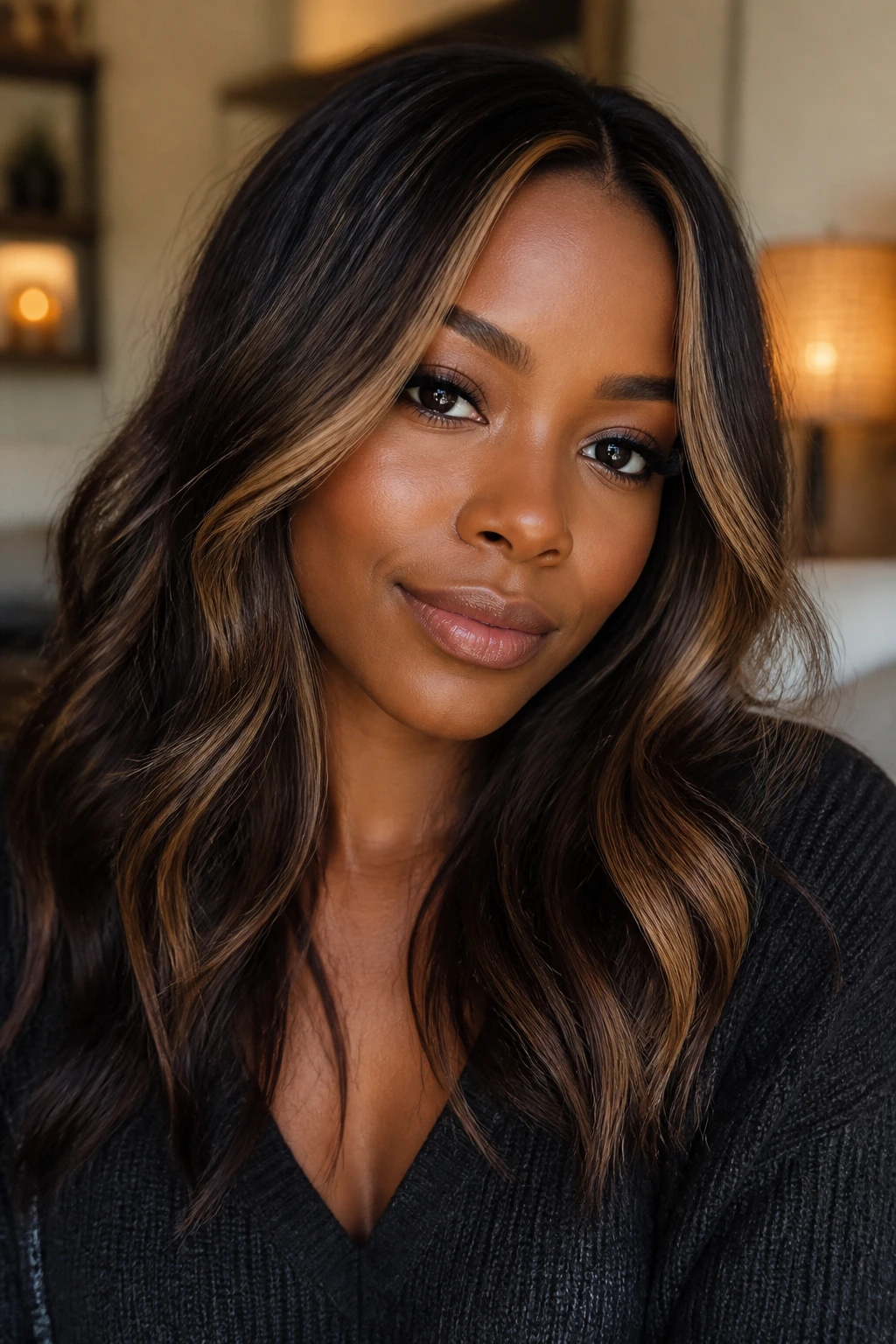Hair color dark mocha base with honey face frame on real person