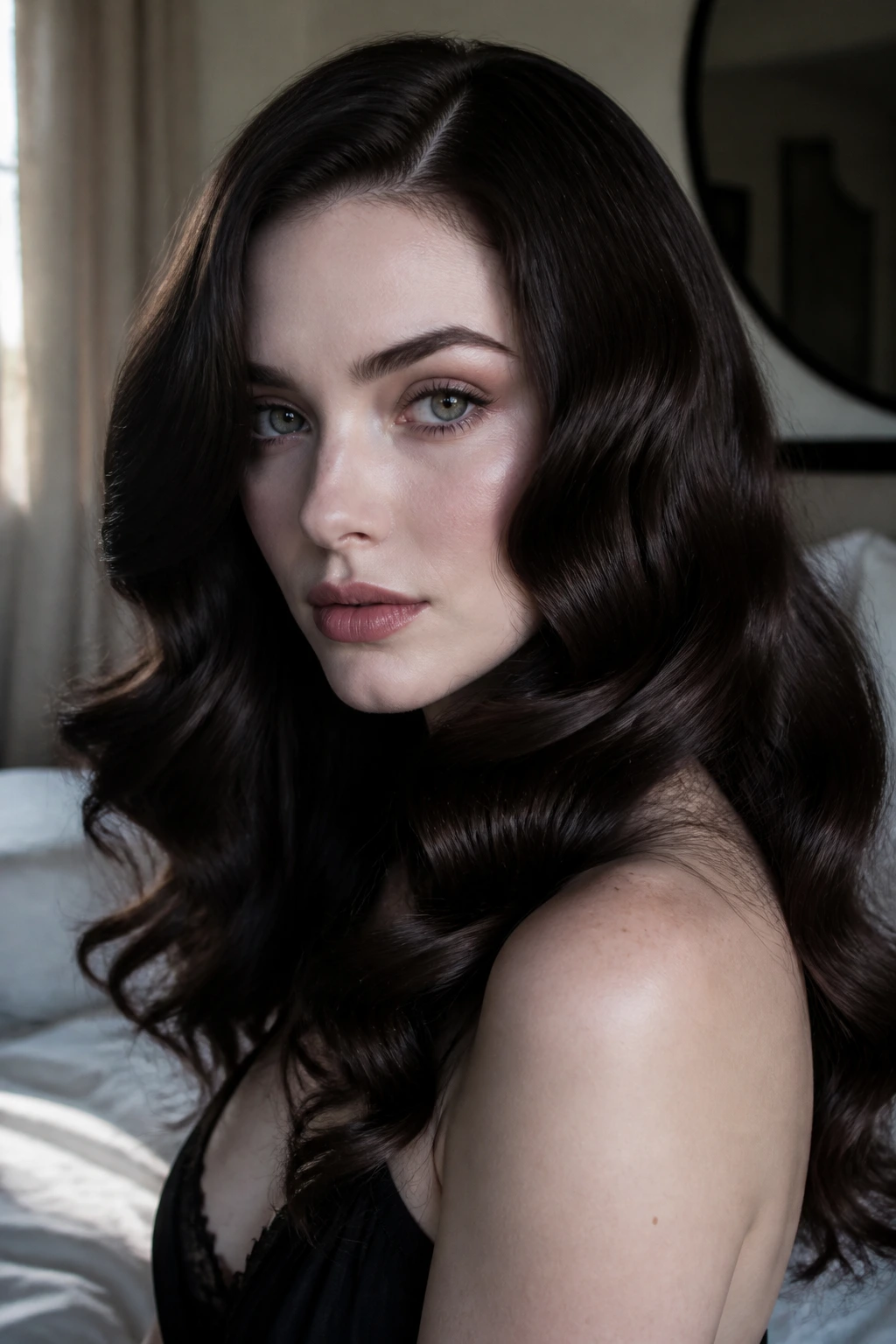 Close-up of a woman with glossy dark mocha waves and pale skin