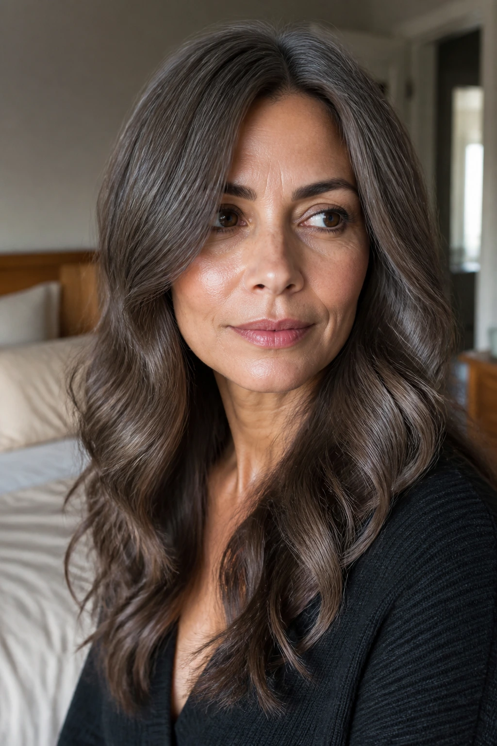 Portrait of a woman with dark mushroom waves and glossy finish on olive skin