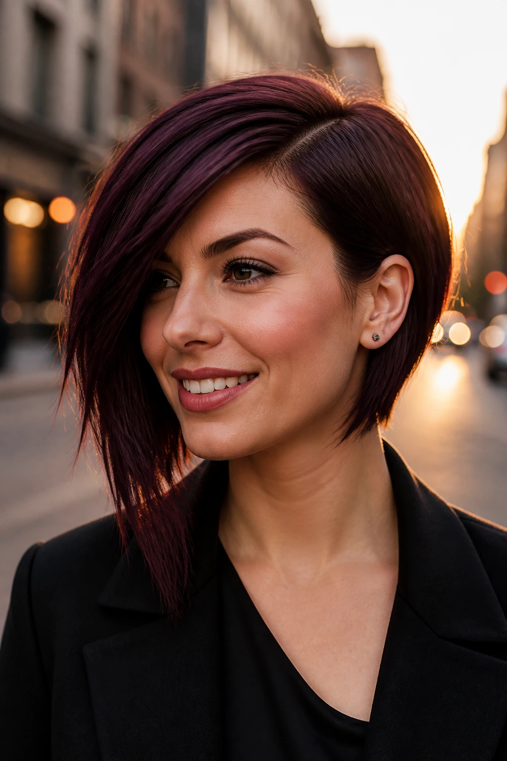 Close-up portrait of a real person with dark plum asymmetrical bob on a city street at golden hour