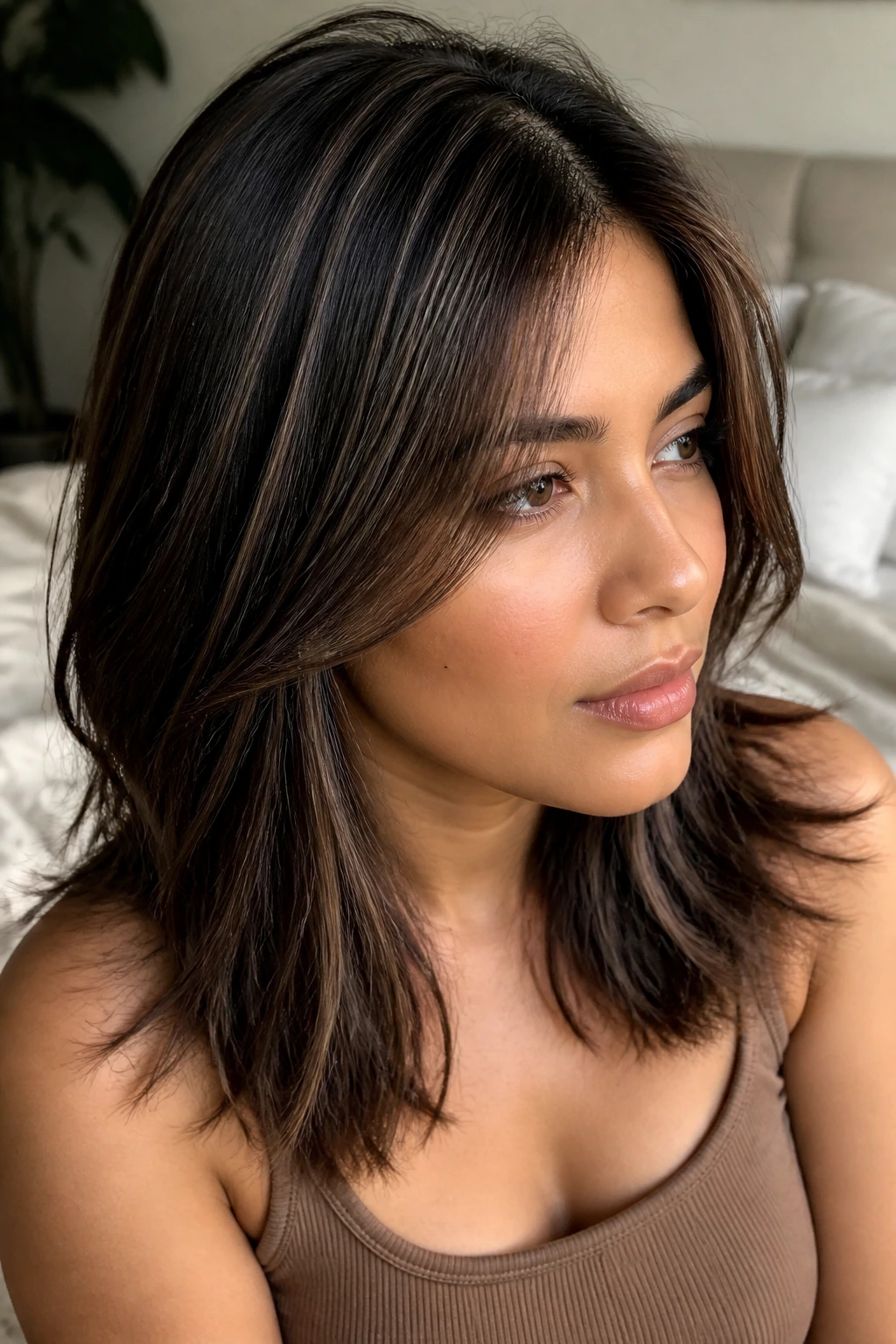 Close-up portrait of a real woman with dark ribbons and soft lowlights in fine hair