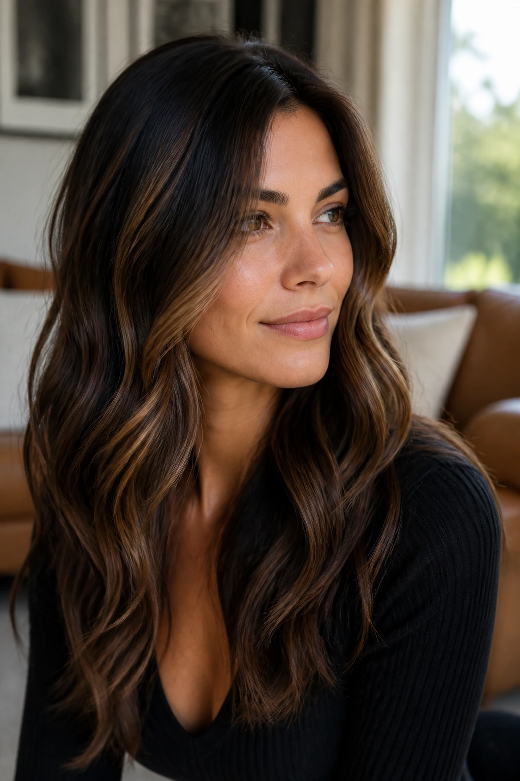 Close-up portrait of a real woman with dark roast brown hair and pebbled caramel highlights