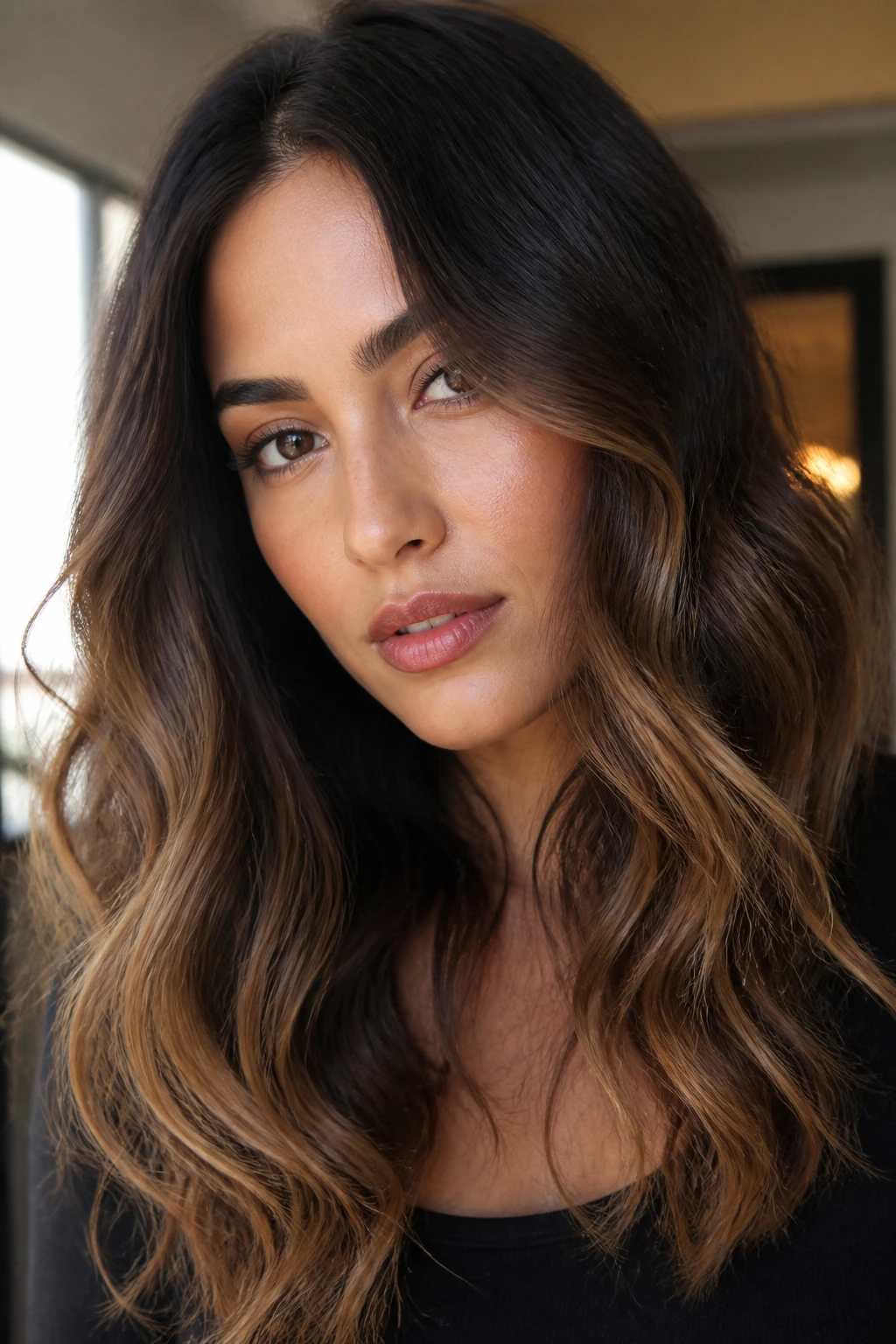 Dark brunette hair with sunlit caramel tips on wavy hair