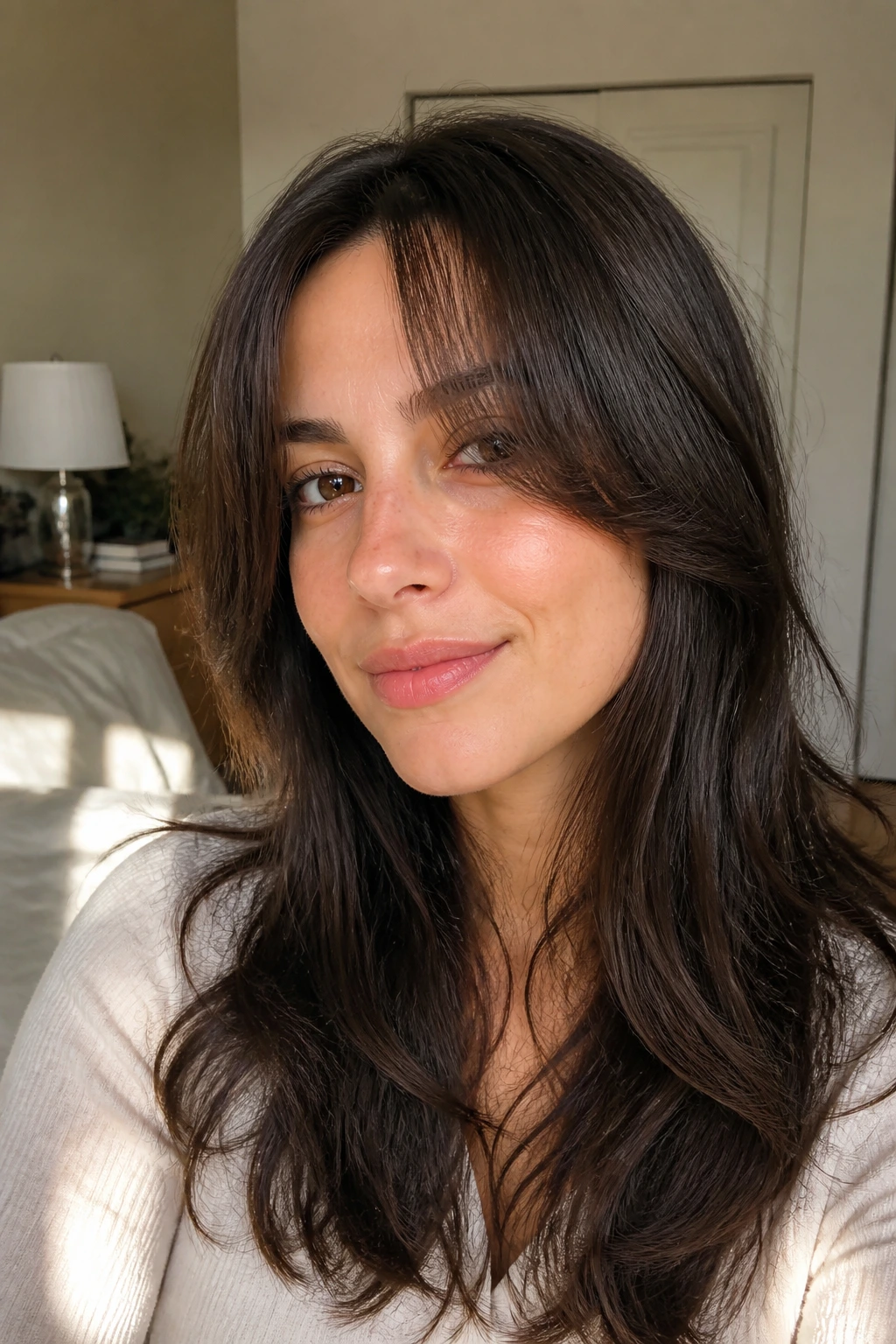 Portrait of woman with dark roast layers and airy curtain bangs