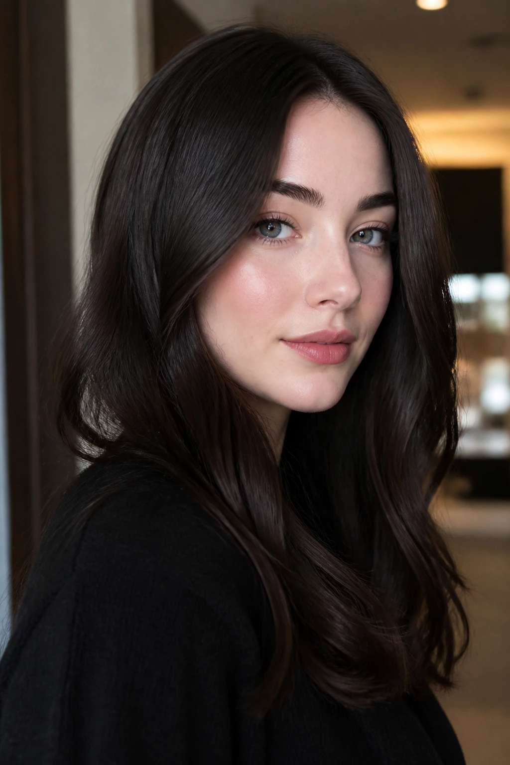 Close-up portrait of a real woman with deep espresso-brown hair and soft undertone in hallway light