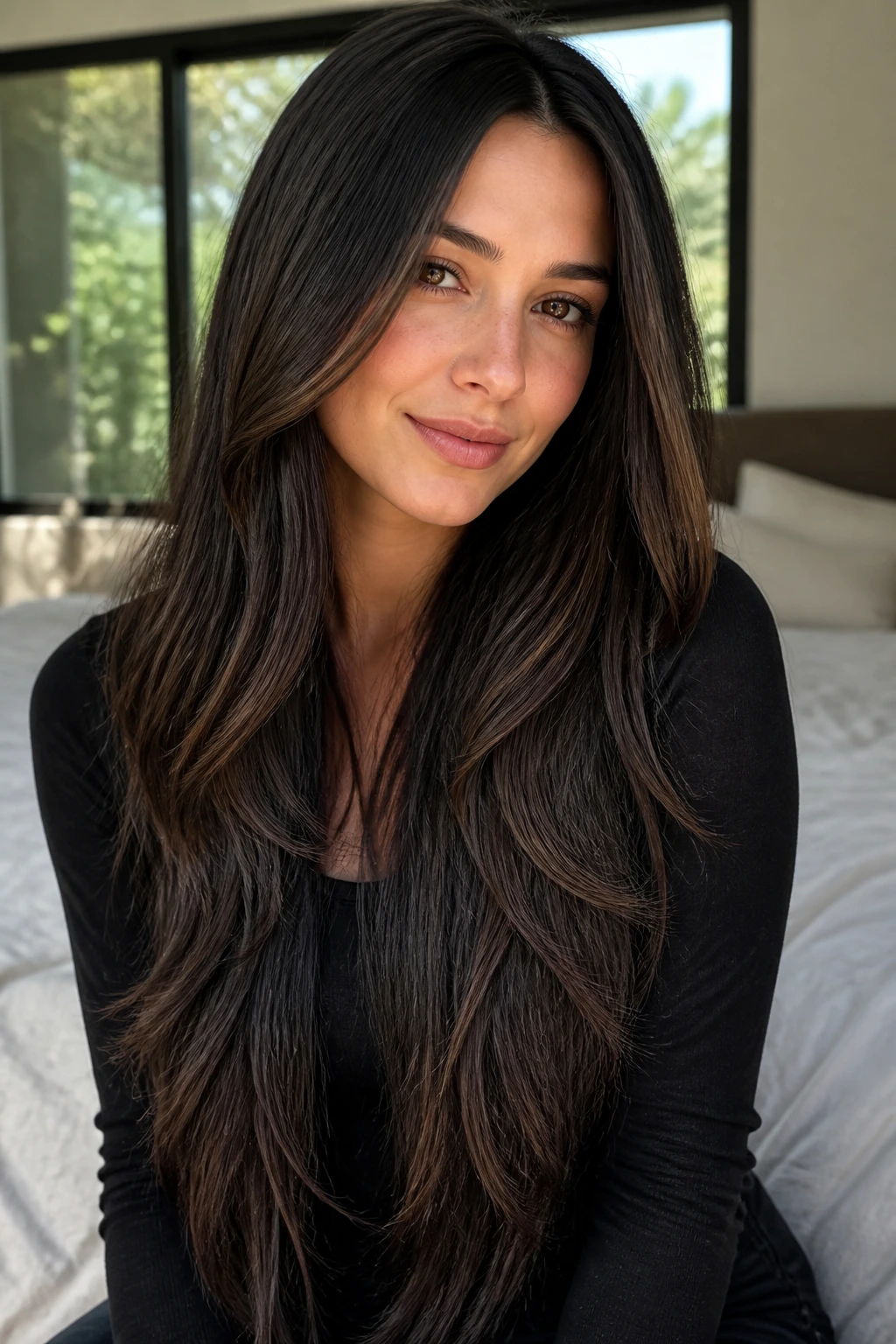 Close-up of a real woman with waist-length layered hair featuring dark roast lowlights under natural window light
