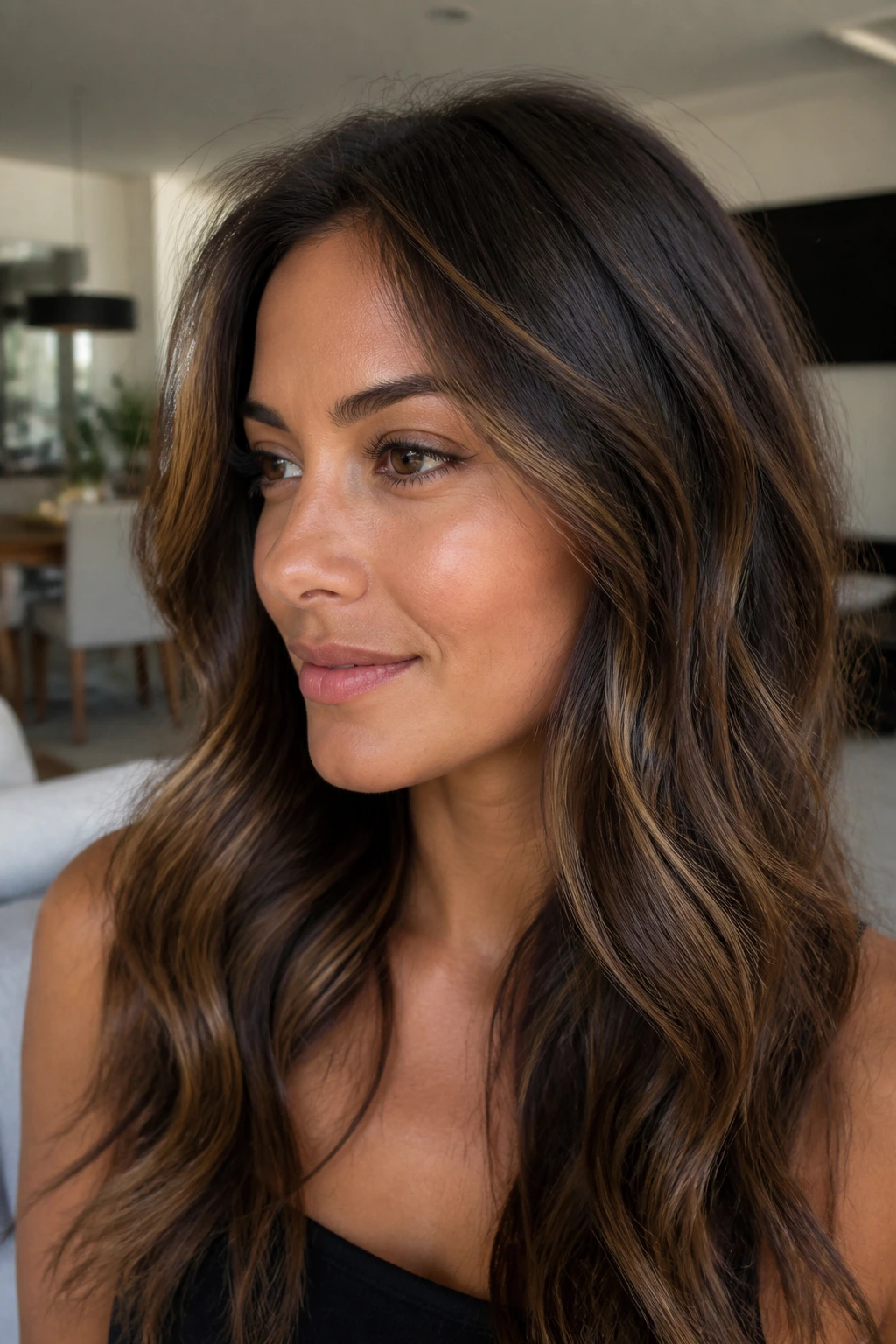 Close-up portrait showing dark roast lowlights on tan skin