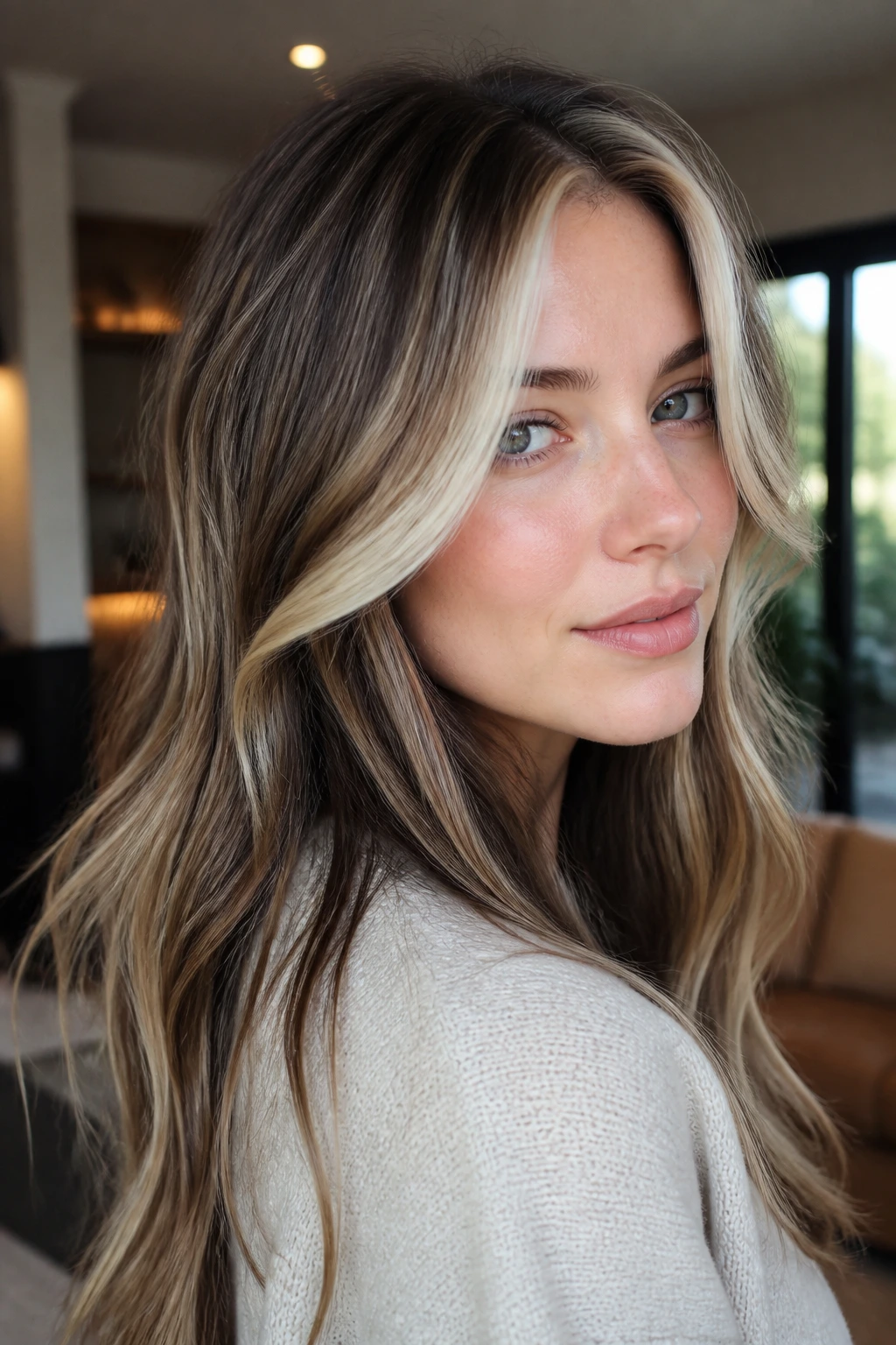 Close-up portrait of a real woman with dark roast peekaboo peeking through lighter layers near the face