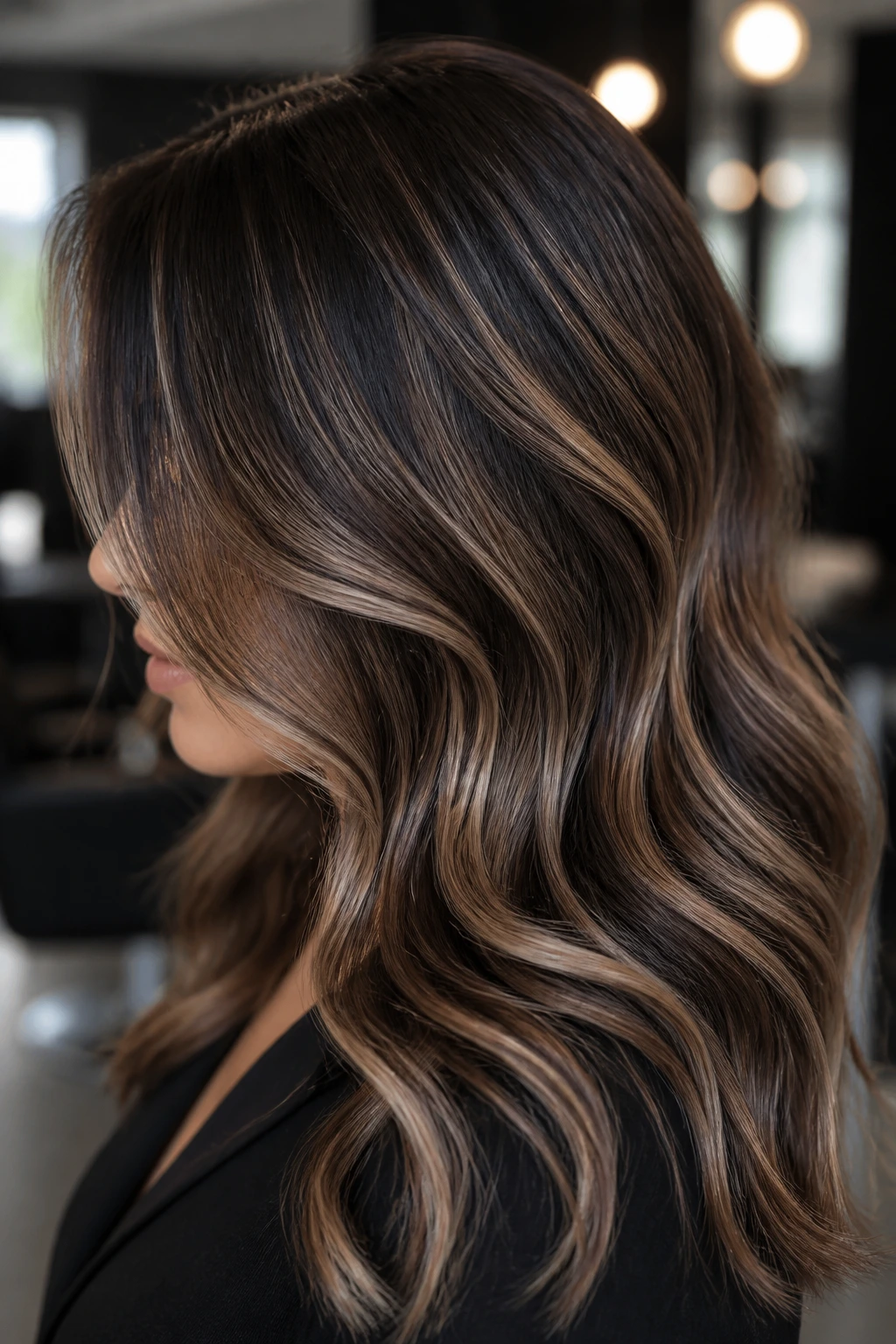 Hair with dark roast ribbons woven through balayage in a real person