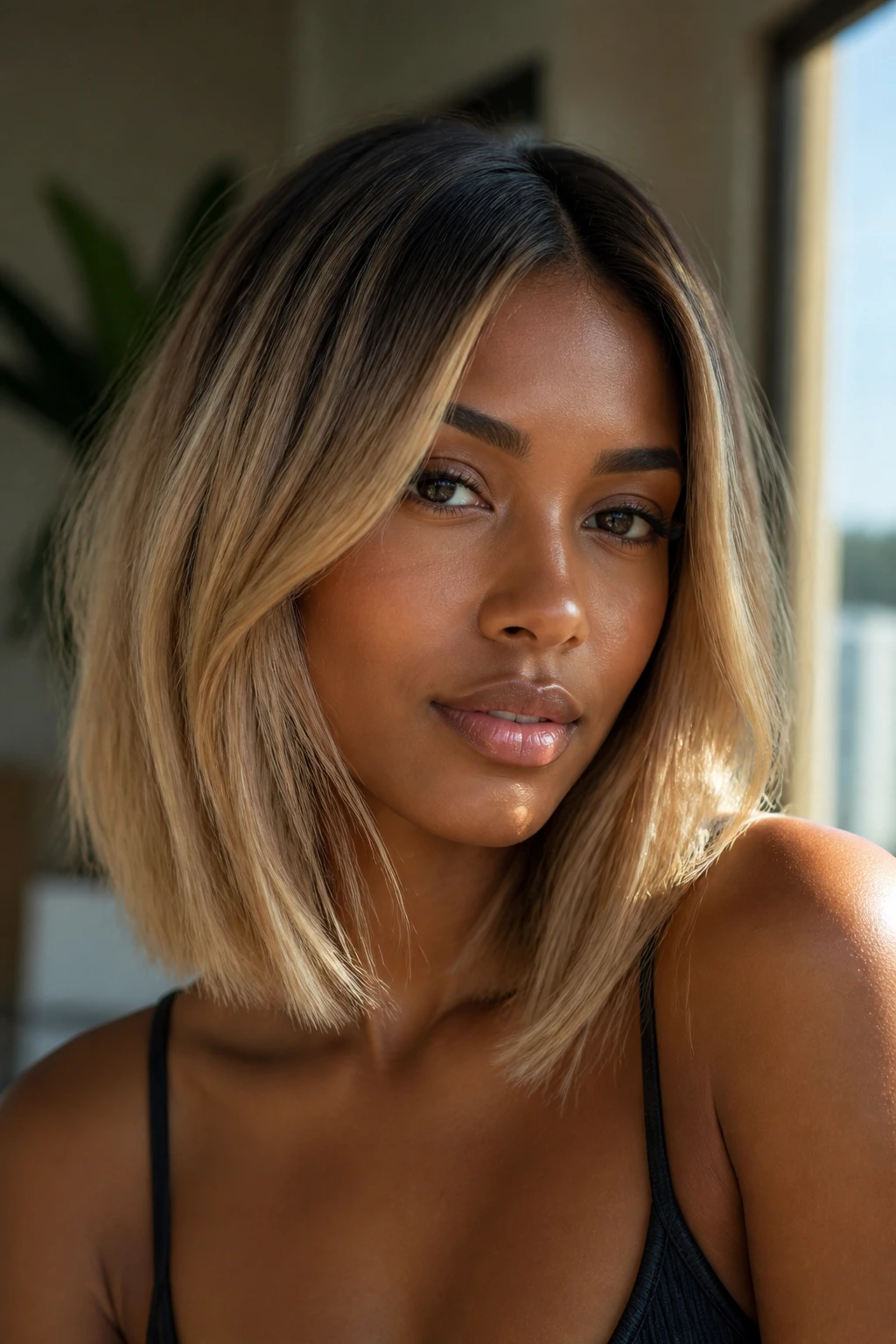 Real person with dark-root blonde lob hairstyle close-up.