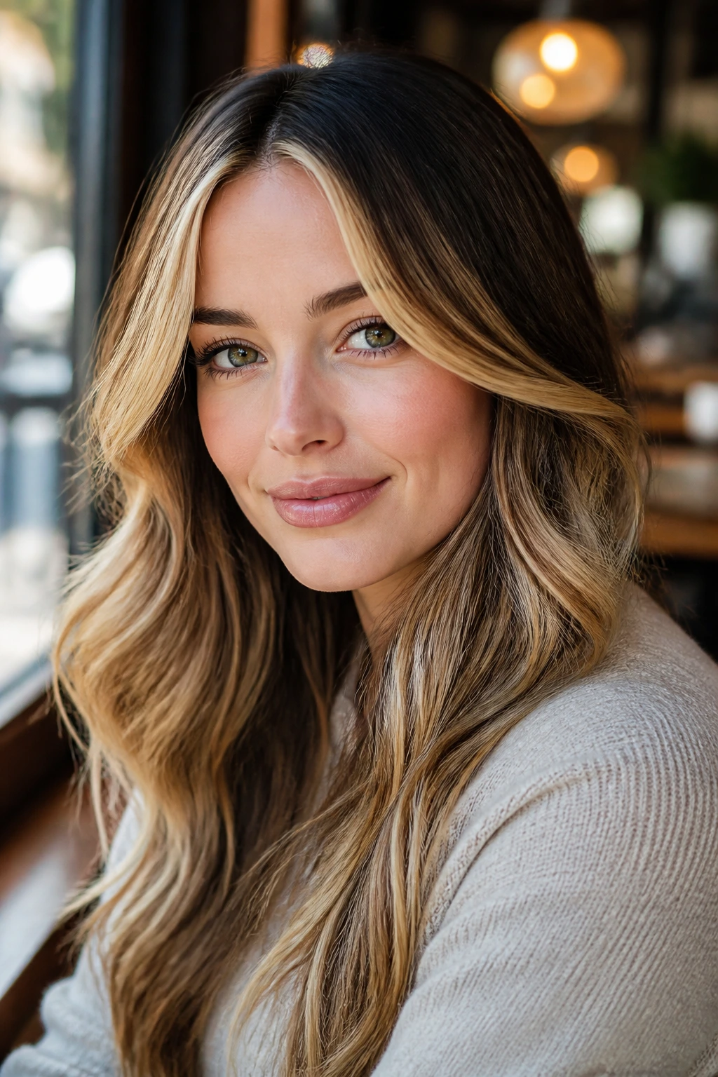 Portrait of a real woman with dark-root and bright butterscotch money piece hair
