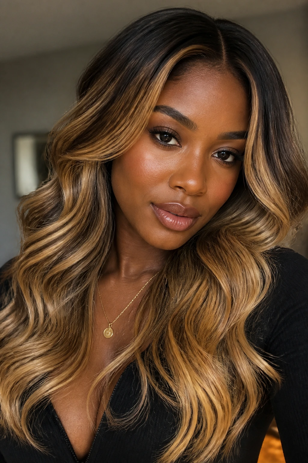 Close-up of a real woman with dark-root honey blonde soft waves
