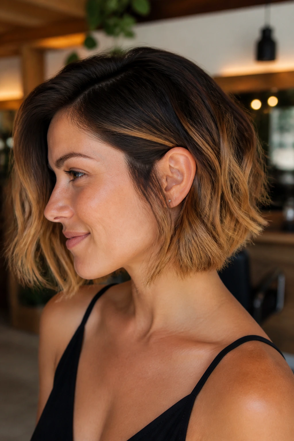 Close-up of real person with Dark-Root Melt Inverted Bob showing caramel ends
