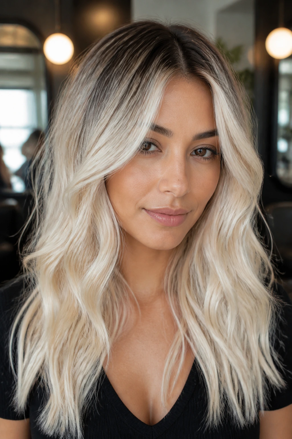 Close-up portrait of a person with dark-root platinum blonde hair framing the face
