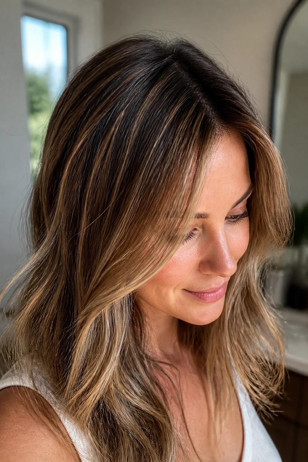 Real woman showing dark roots and babylights for fuller-looking fine hair