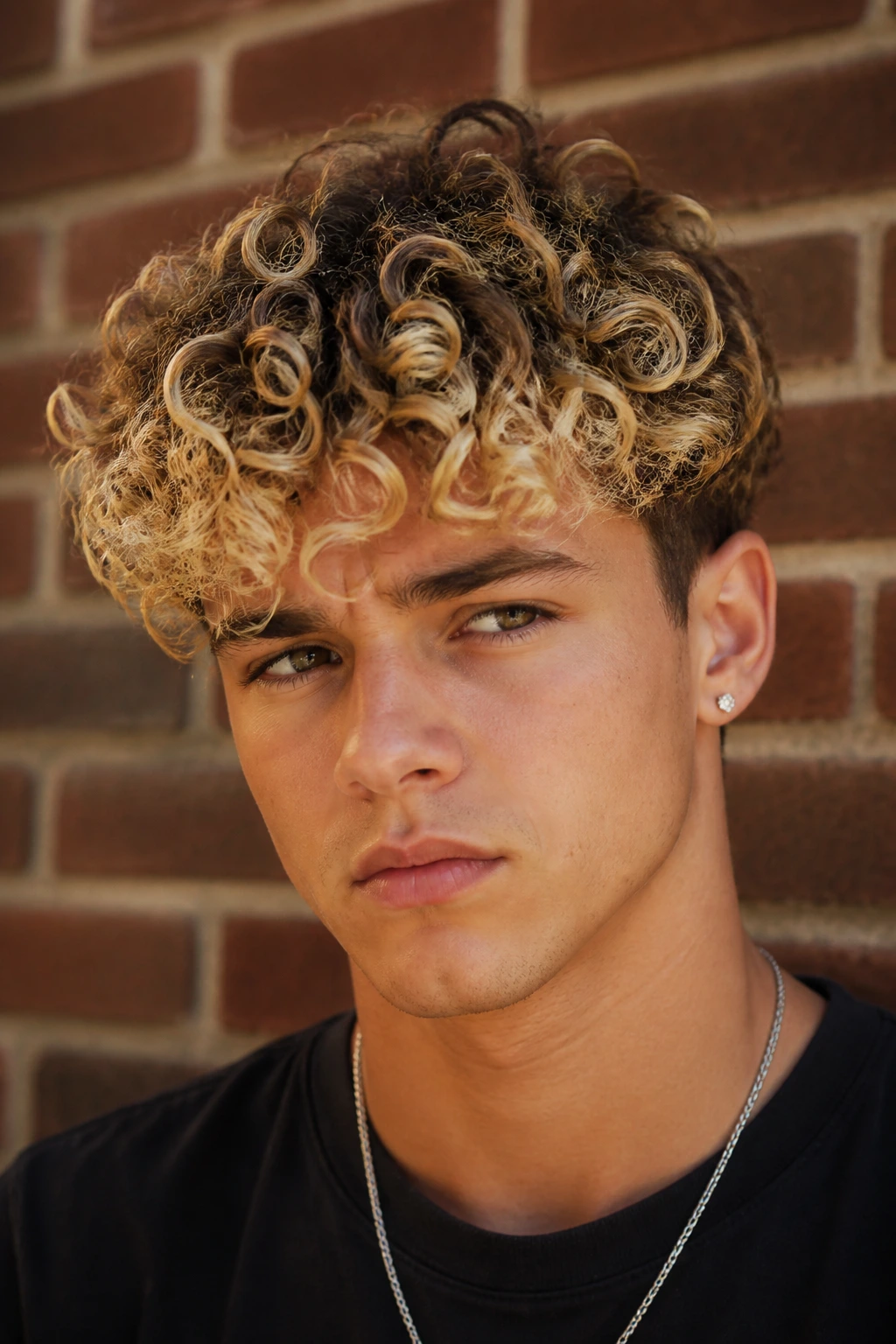 Close-up of real person with dark roots and bright ends in curly hair