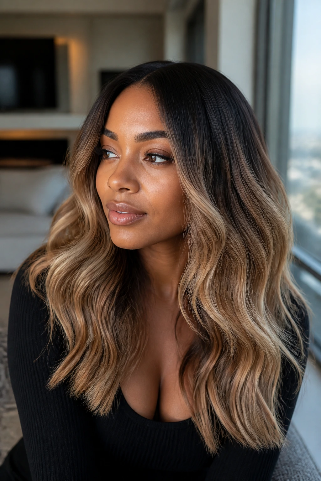 Close-up of a real person with dark-root melt into latte ends hair.