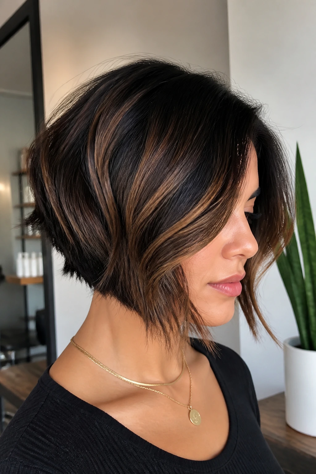 Close-up of cropped dark short balayage with gloss and placement