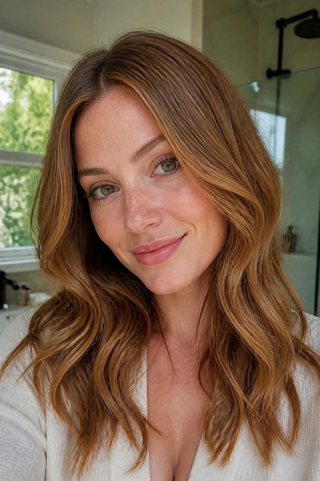 Close-up of a real woman with dark strawberry blonde hair in warm window light, showing depth and copper tones.