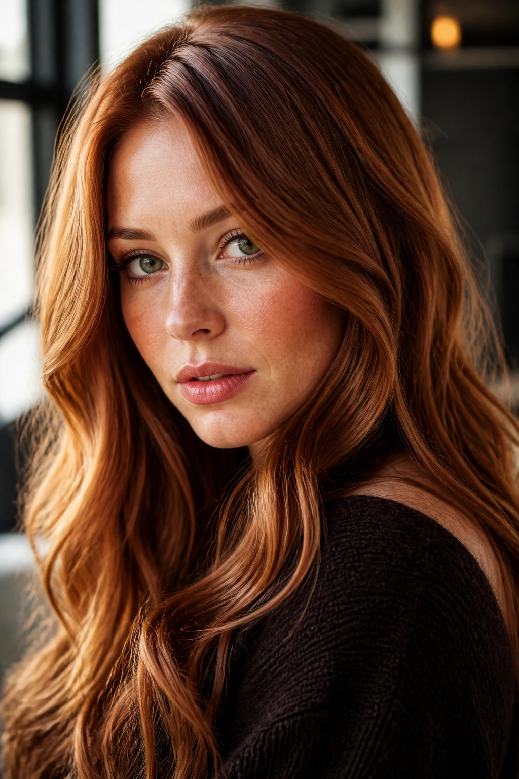 Close-up portrait of a woman with dark strawberry blonde hair in warm window light