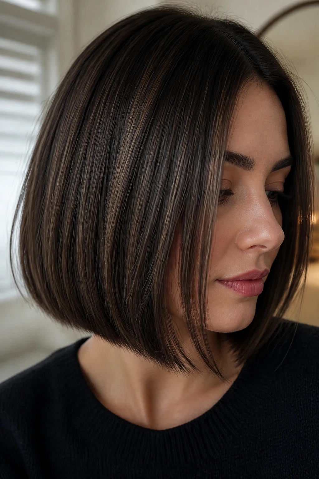 Close-up of a real woman with a blunt bob featuring dark truffle micro-lowlights