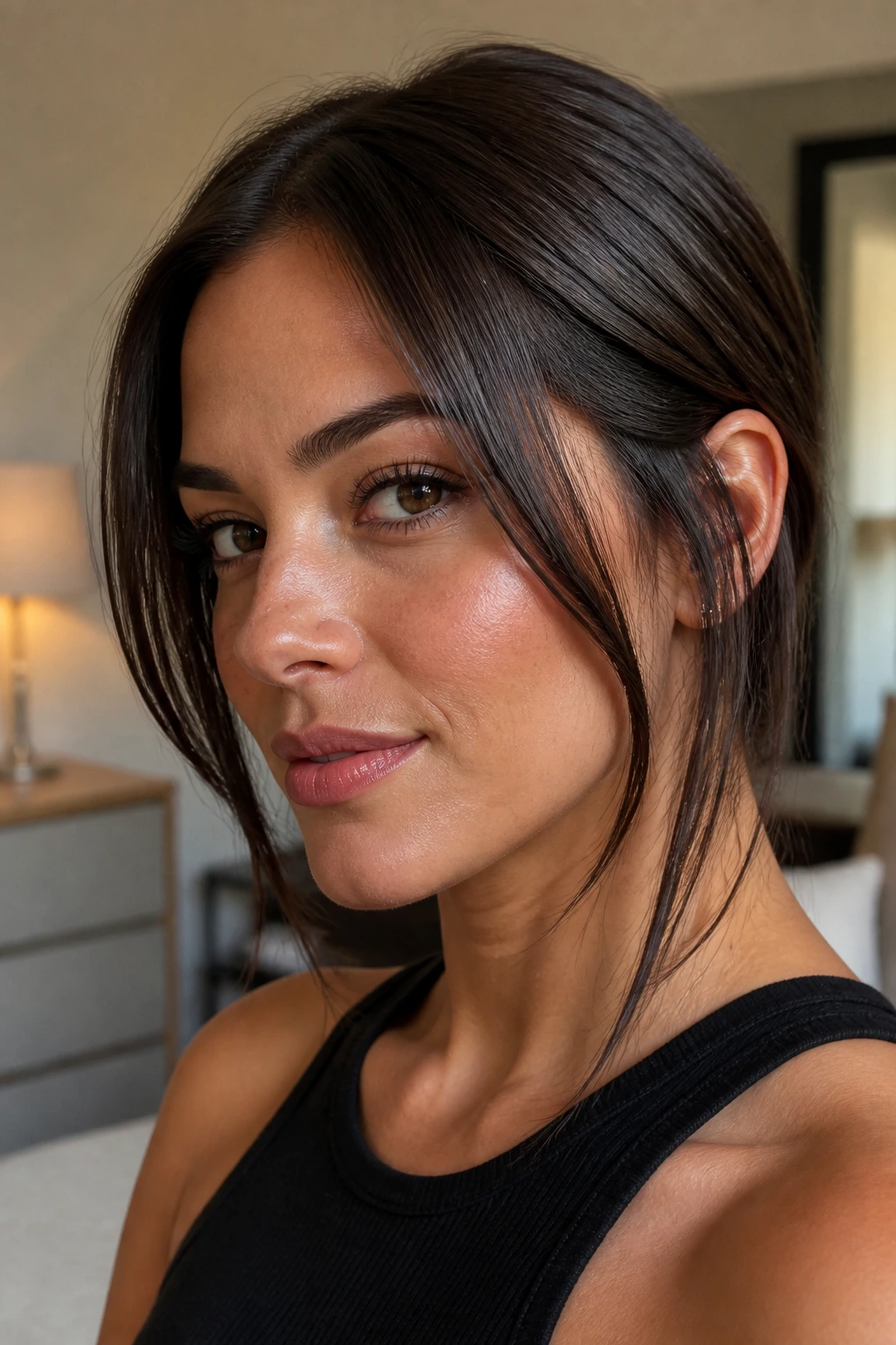 Close-up of brunette with dark walnut gloss cut and tucked front pieces