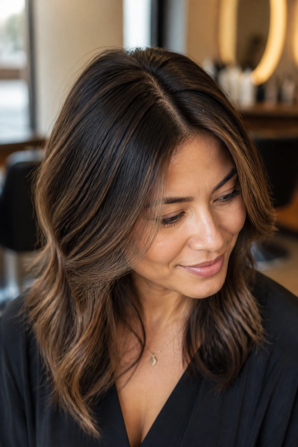 Close-up portrait showing darker lowlights around crown to create denser-looking fine hair.