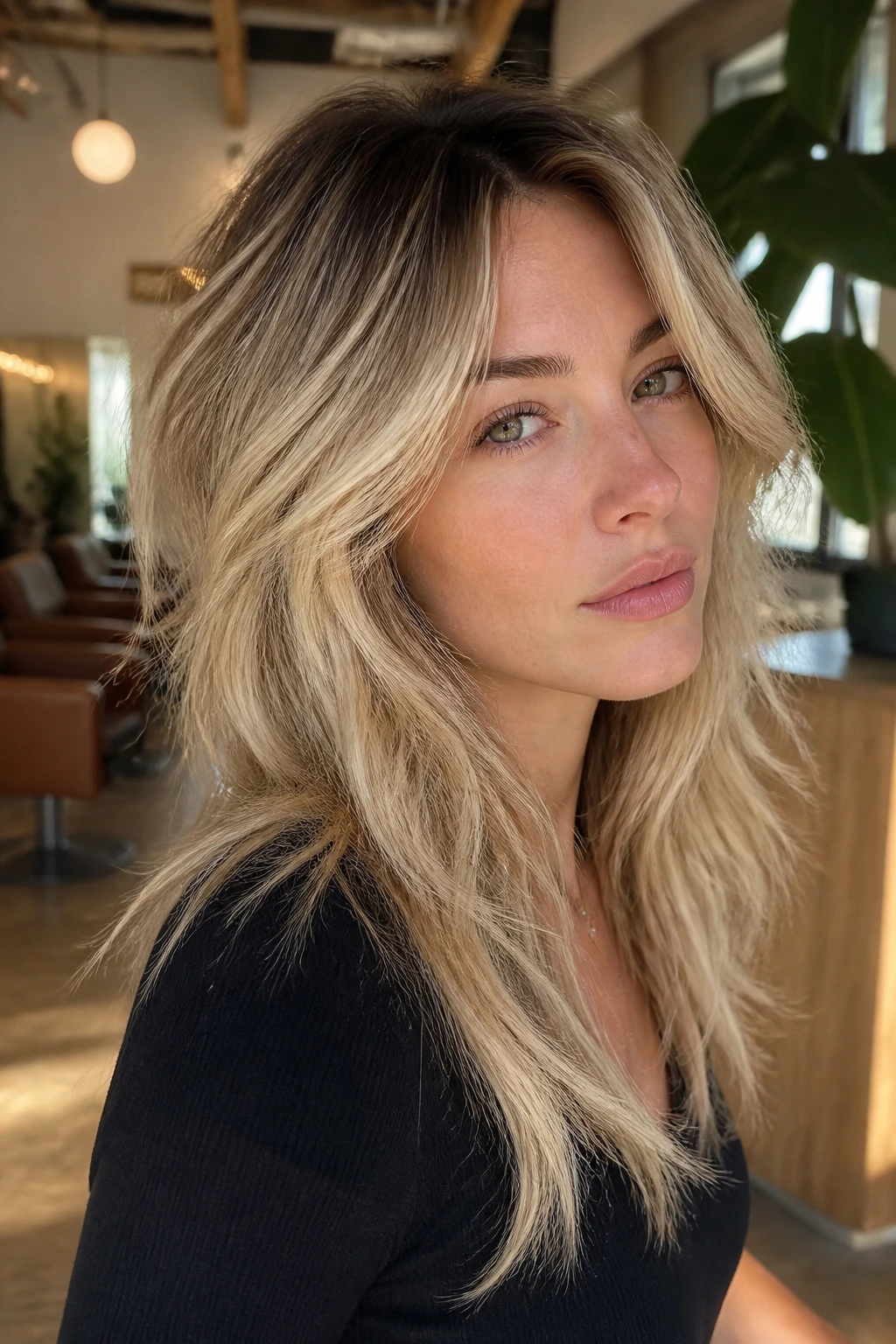 Close-up portrait of a real woman with dark-root melt and creamy blonde shag