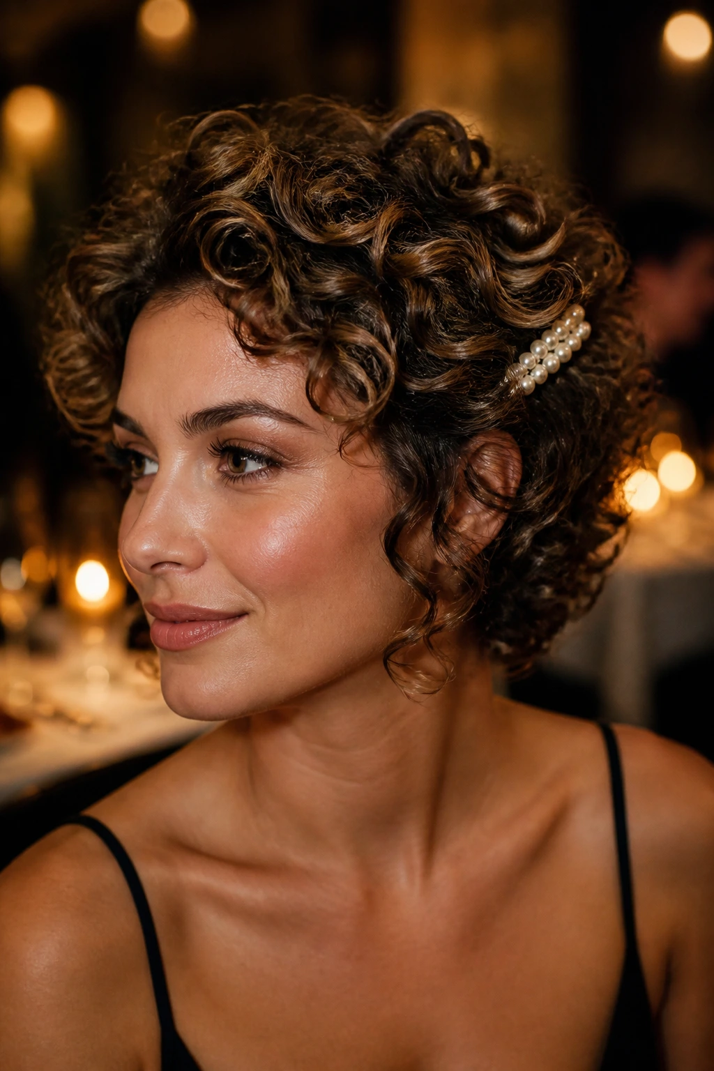 Close-up of a woman with a curly halo and a pearl clip in warm dinner lighting