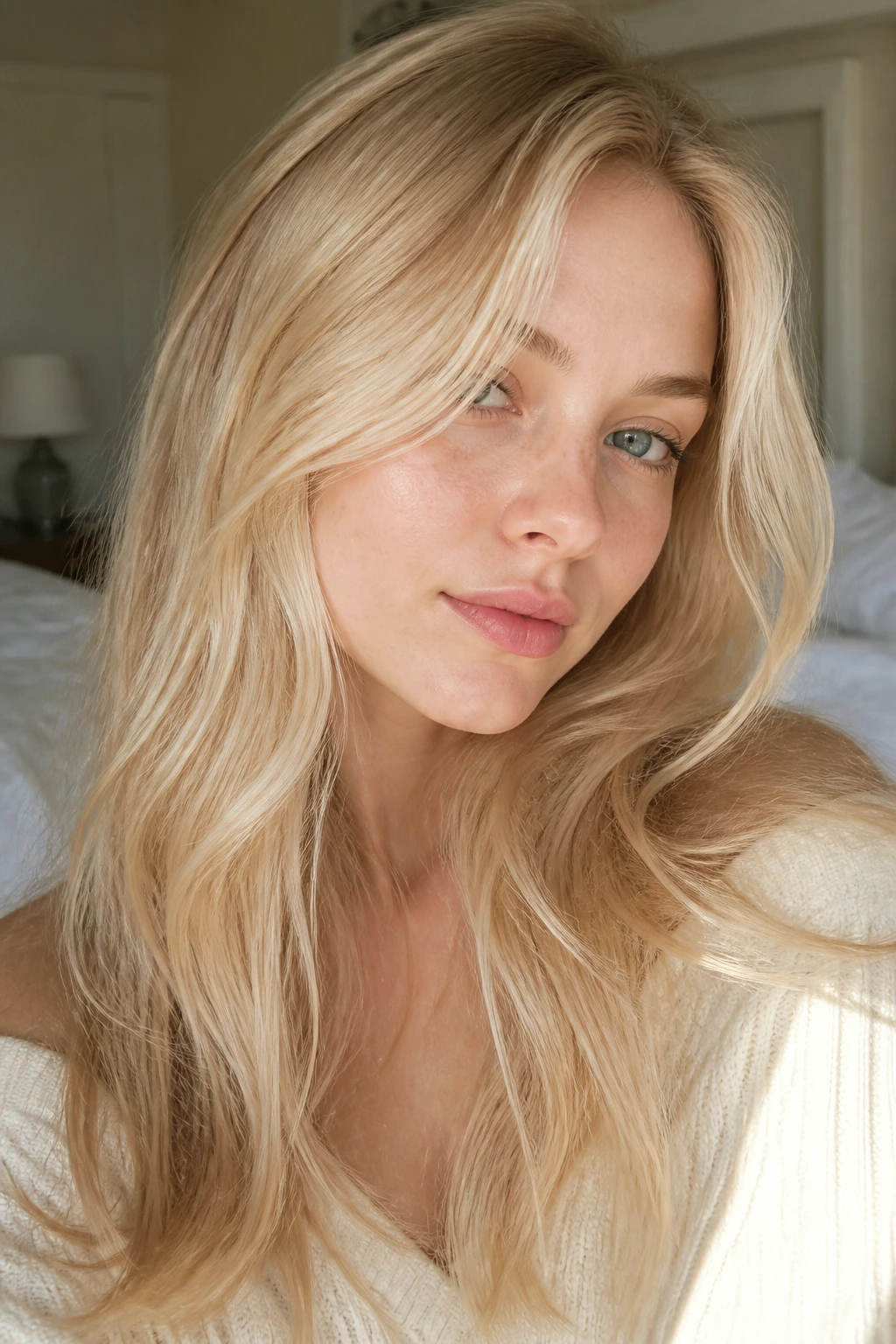 Close-up portrait of a real woman with dawn blonde in soft morning light