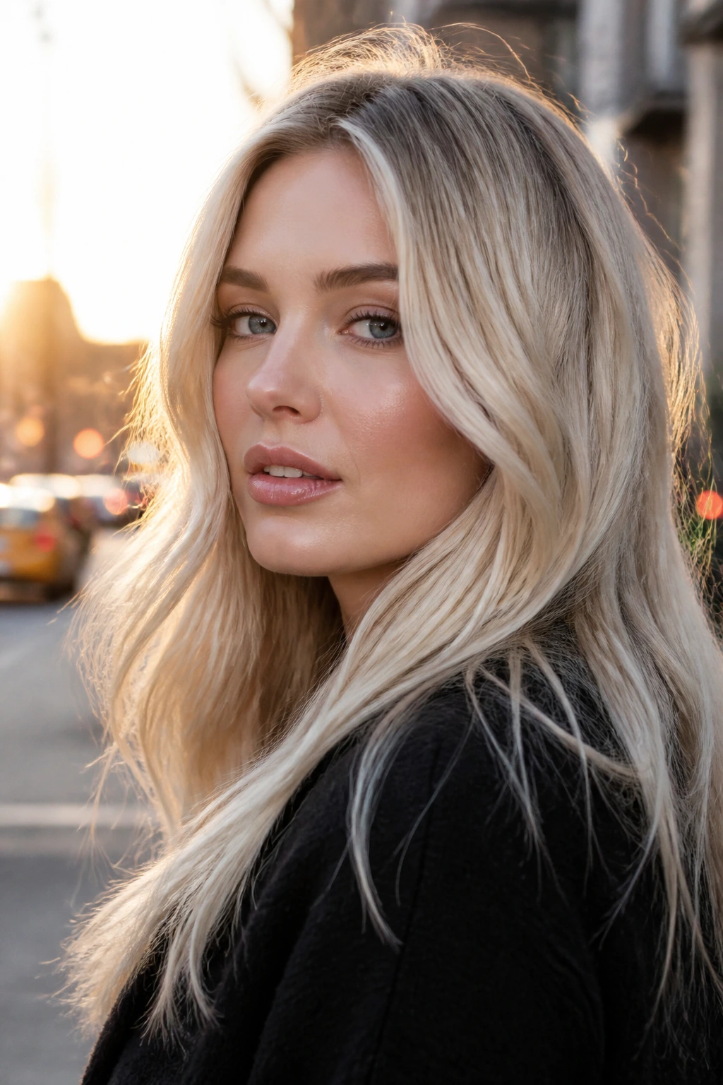Portrait of a woman with long cool-blonde waves outdoors at golden hour