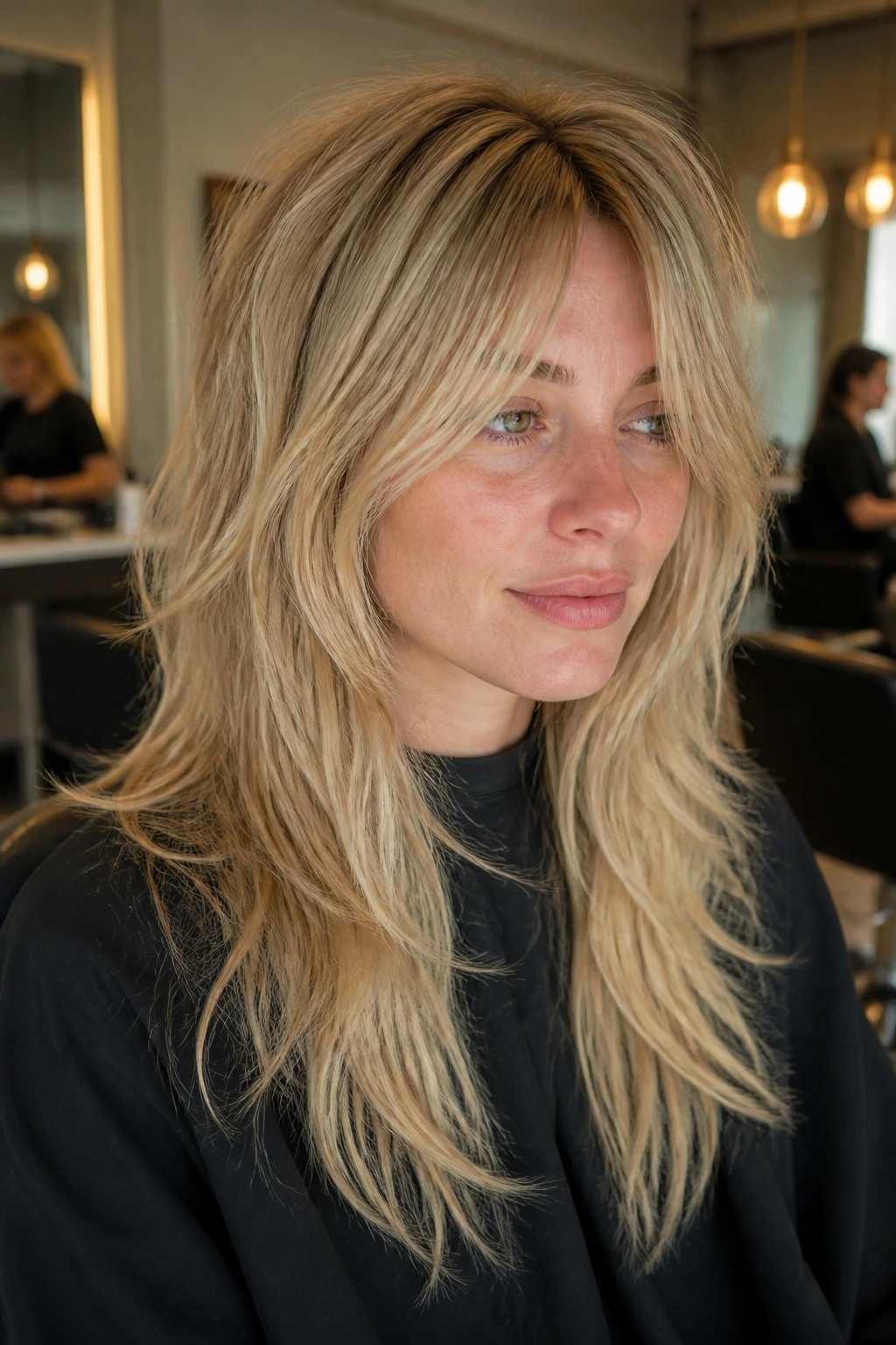Close-up of a real woman with day-one long shag showing flexible fringe